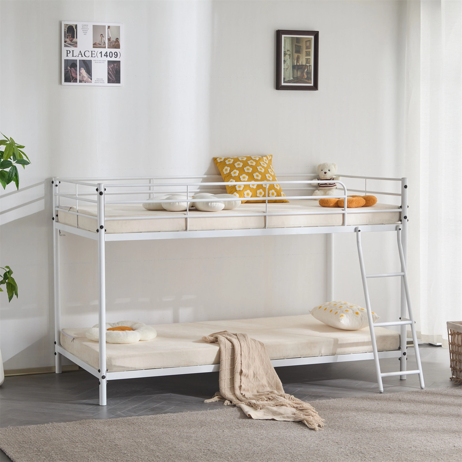 Twin Size Metal Bunk Bed for Kids Teens Adults, Heavy Duty Metal Bunk Bed with Ladder & Full-Length Guard Rail, White view 9
