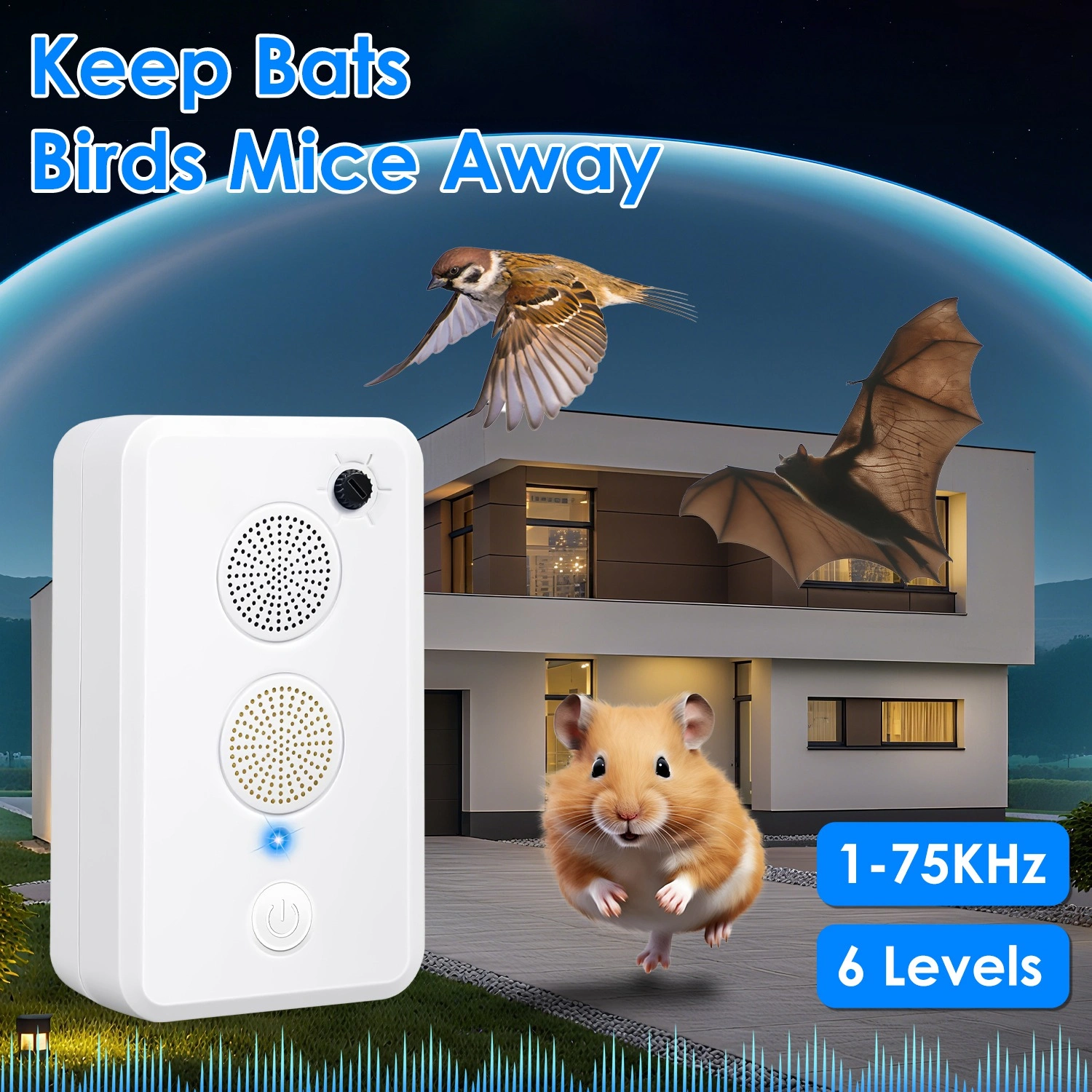 1‑75KHz Ultrasonic Electronic Unit, Rechargeable 950mAh Battery Powered Device with Dual Speakers, 6‑Level Settings for Home, Garage, Shed and Campsite view 9