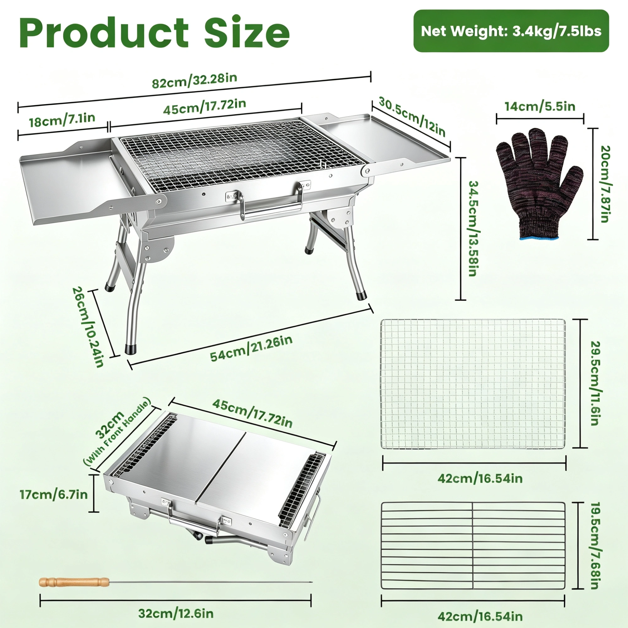 Portable Folding Charcoal BBQ Grill with Dual Side Shelves & 12 Air Vents, Includes Skewers, Heat-Resistant Gloves & Grill Tools Set for Outdoor Camping view 10