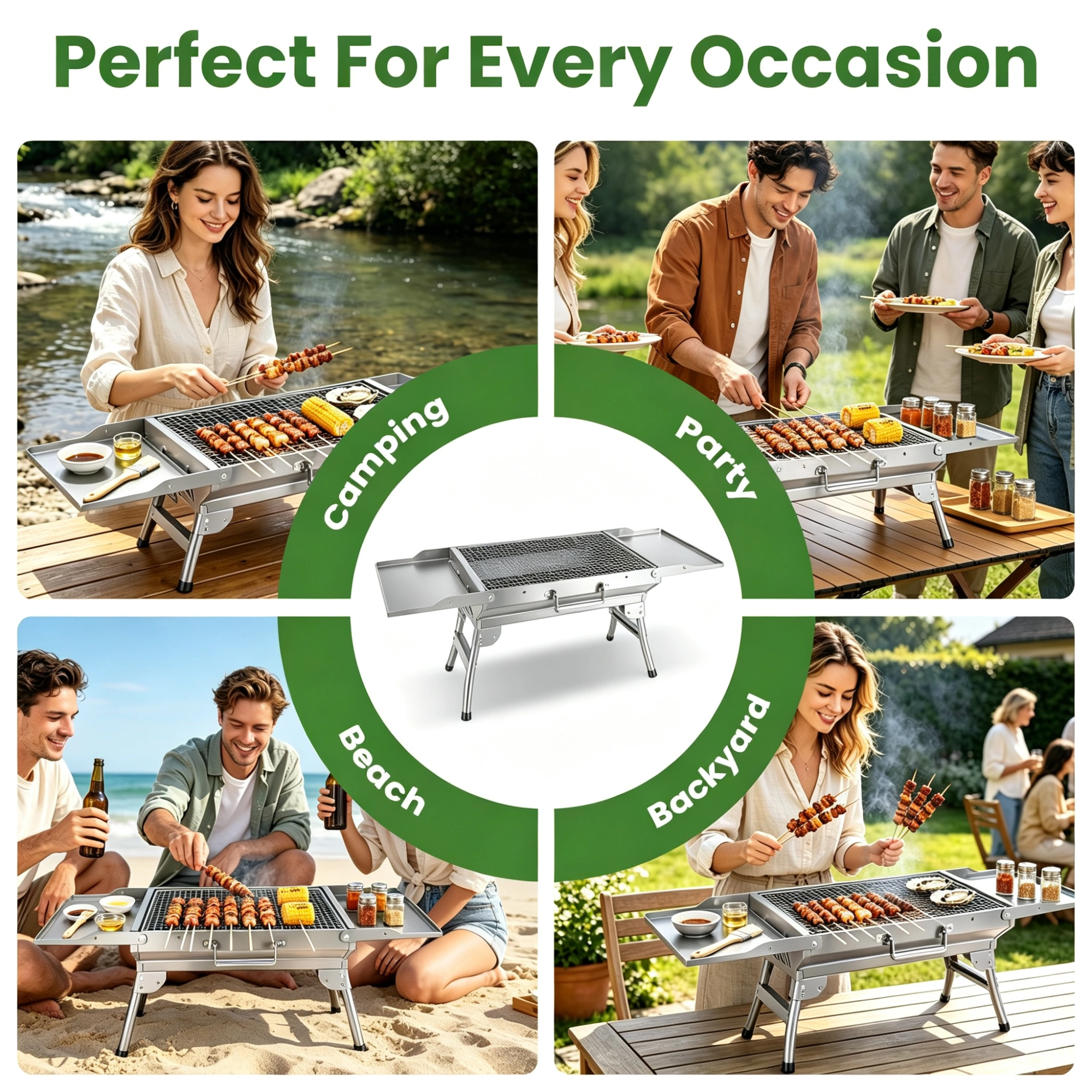 Portable Folding Charcoal BBQ Grill with Dual Side Shelves & 12 Air Vents, Includes Skewers, Heat-Resistant Gloves & Grill Tools Set for Outdoor Camping view 11