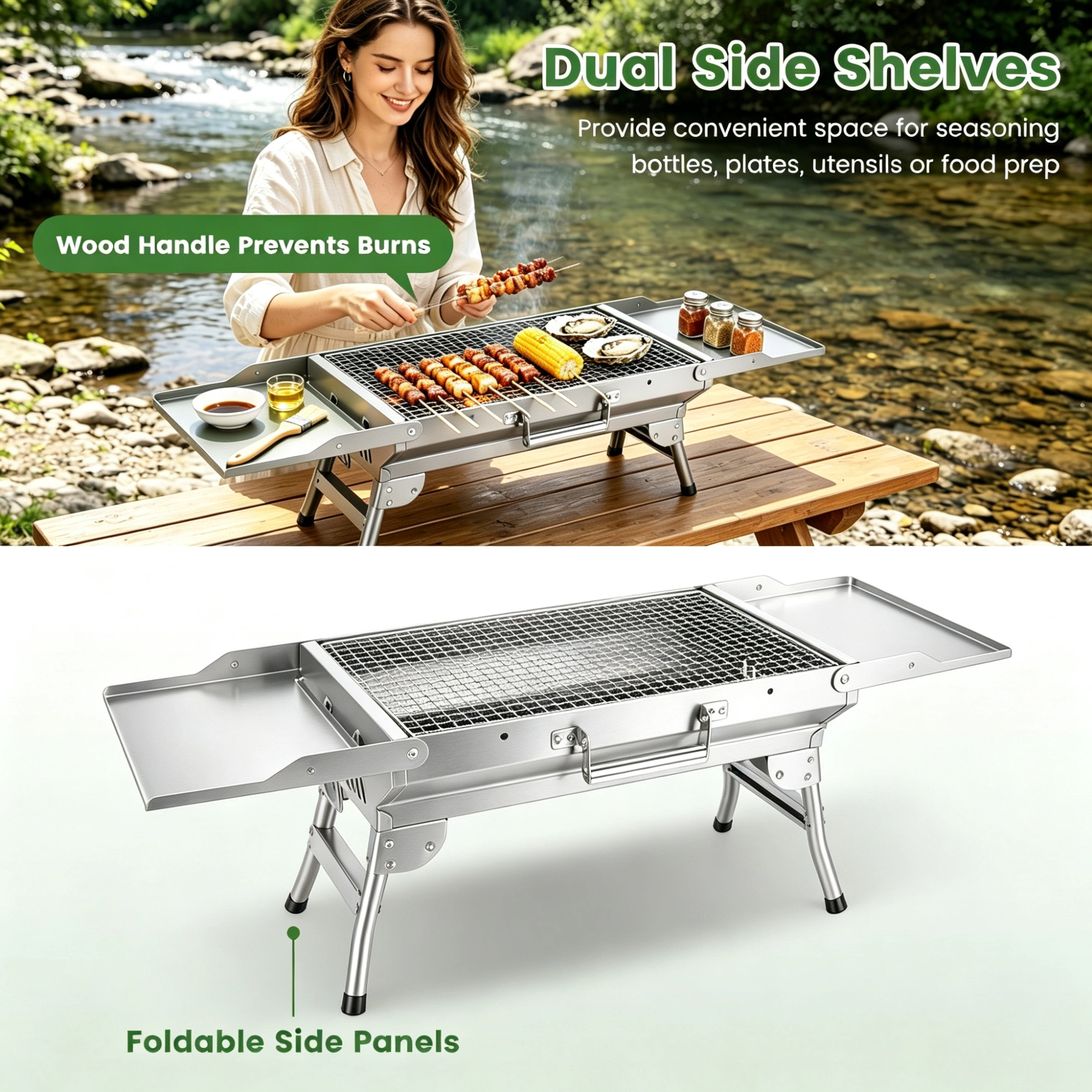 Portable Folding Charcoal BBQ Grill with Dual Side Shelves & 12 Air Vents, Includes Skewers, Heat-Resistant Gloves & Grill Tools Set for Outdoor Camping view 12