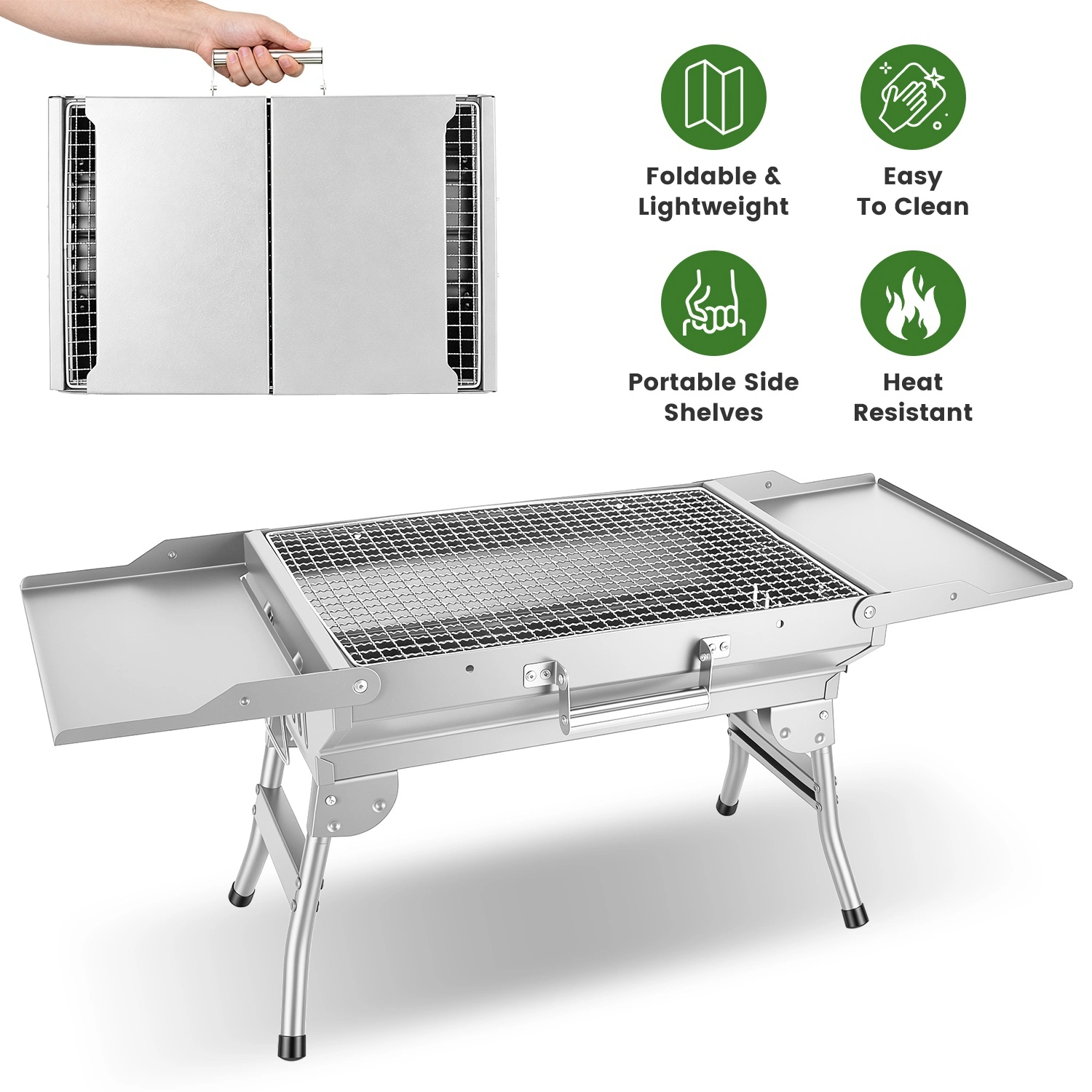Portable Folding Charcoal BBQ Grill with Dual Side Shelves & 12 Air Vents, Includes Skewers, Heat-Resistant Gloves & Grill Tools Set for Outdoor Camping view 13