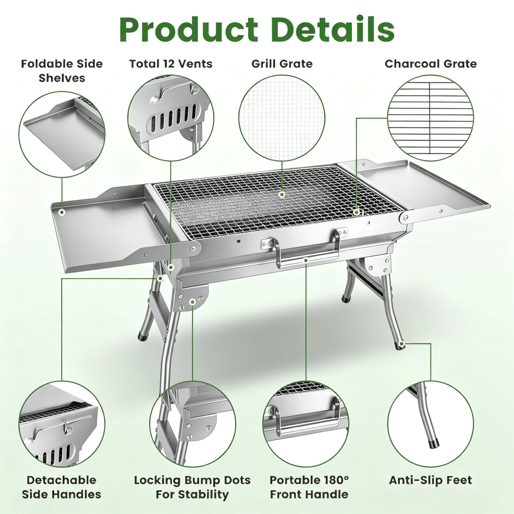 Portable Folding Charcoal BBQ Grill with Dual Side Shelves & 12 Air Vents, Includes Skewers, Heat-Resistant Gloves & Grill Tools Set for Outdoor Camping view 7