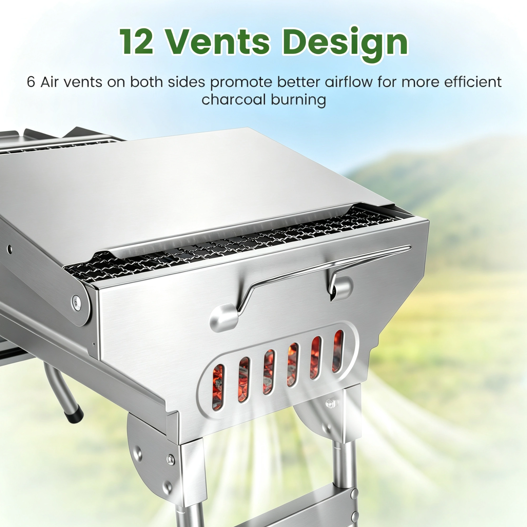 Portable Folding Charcoal BBQ Grill with Dual Side Shelves & 12 Air Vents, Includes Skewers, Heat-Resistant Gloves & Grill Tools Set for Outdoor Camping view 8