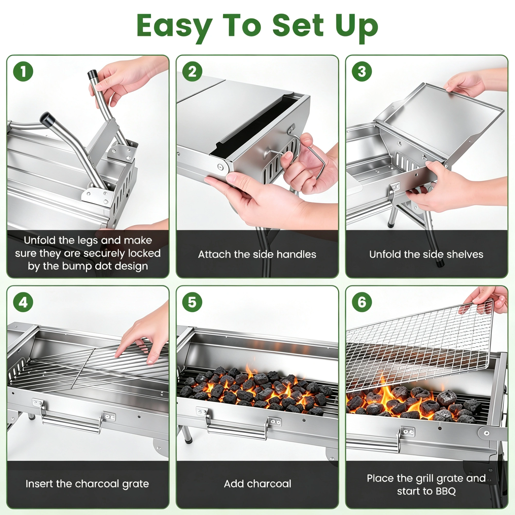 Portable Folding Charcoal BBQ Grill with Dual Side Shelves & 12 Air Vents, Includes Skewers, Heat-Resistant Gloves & Grill Tools Set for Outdoor Camping view 9