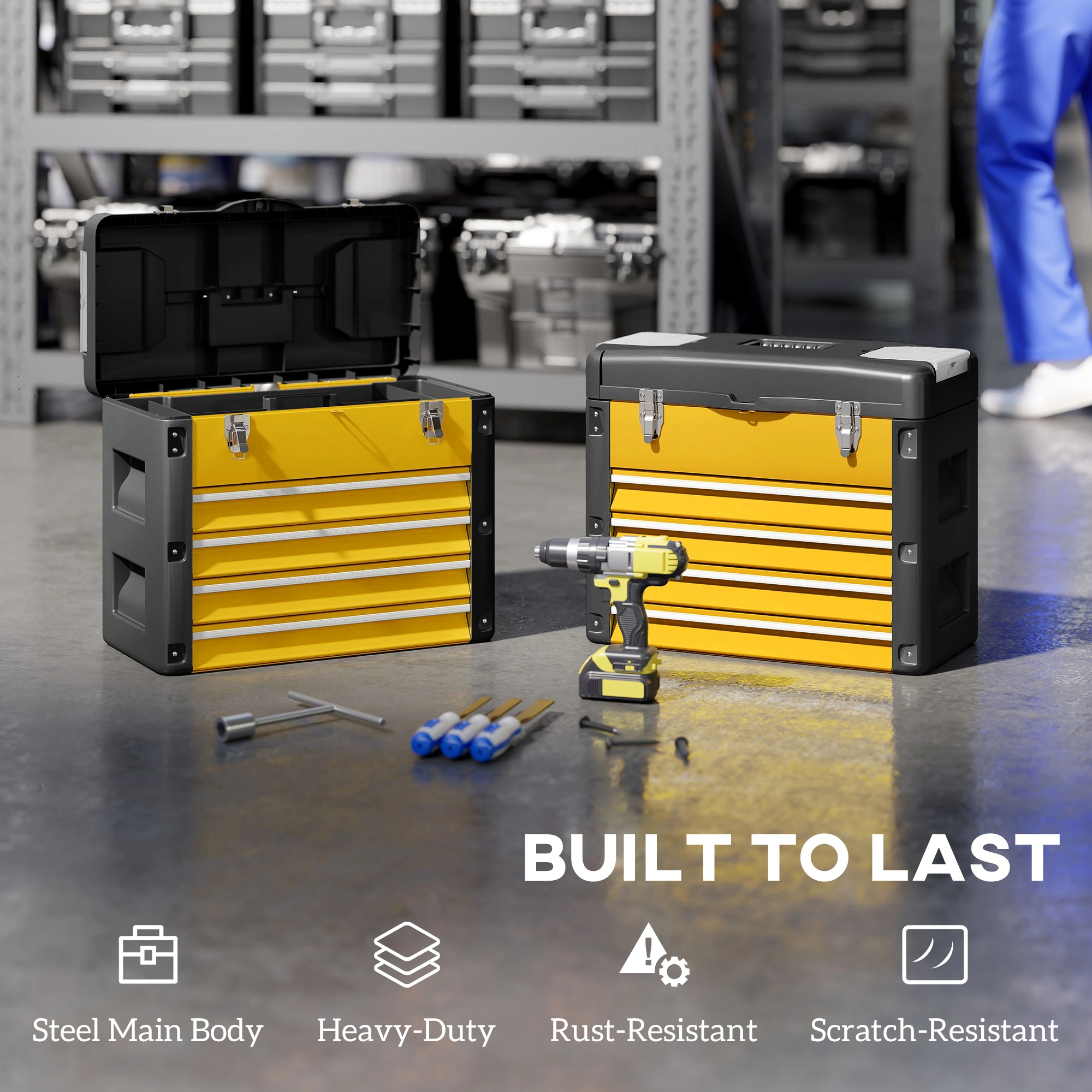 Heavy Duty Steel Tool Box, Large Capacity Storage Chest with Lockable Lid, Organized Multi-Compartment Portable Work Box for Garage & Workshop