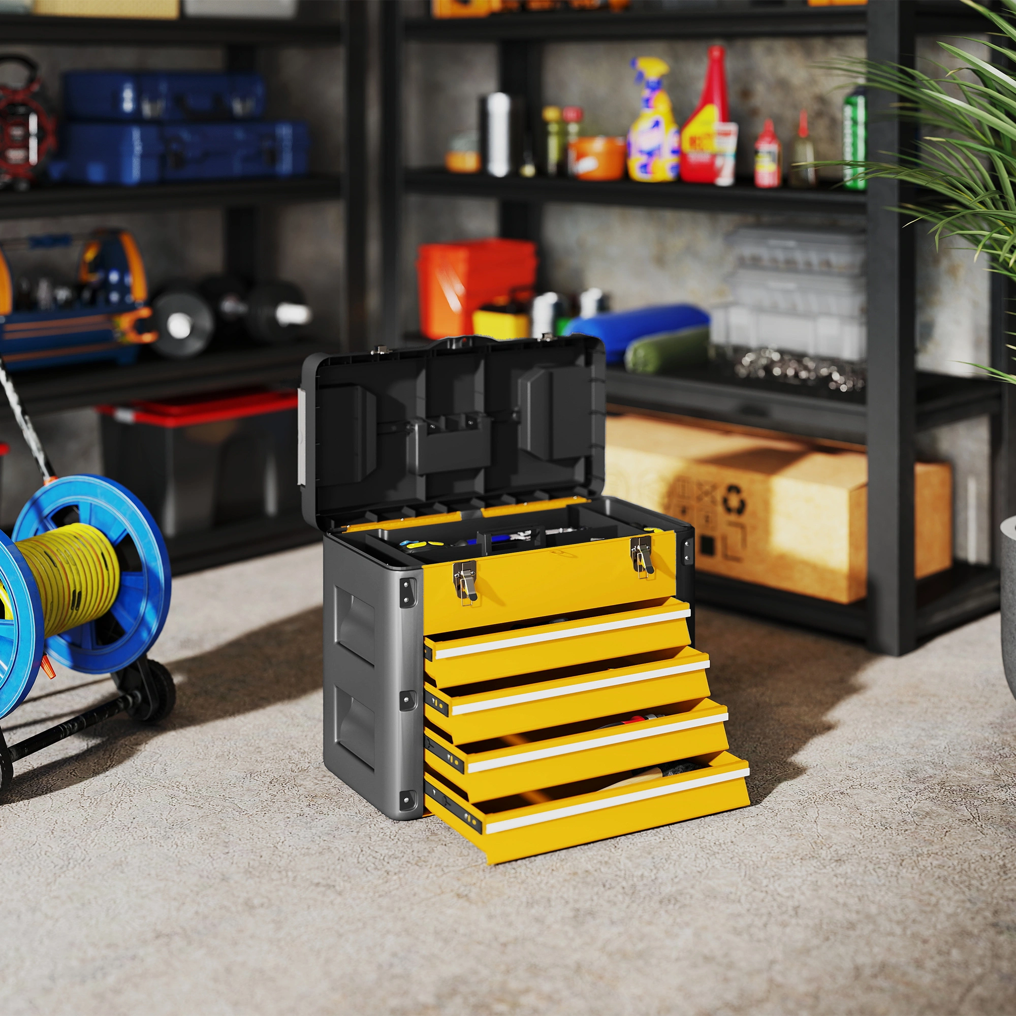 Heavy Duty Steel Tool Box, Large Capacity Storage Chest with Lockable Lid, Organized Multi-Compartment Portable Work Box for Garage & Workshop view 2