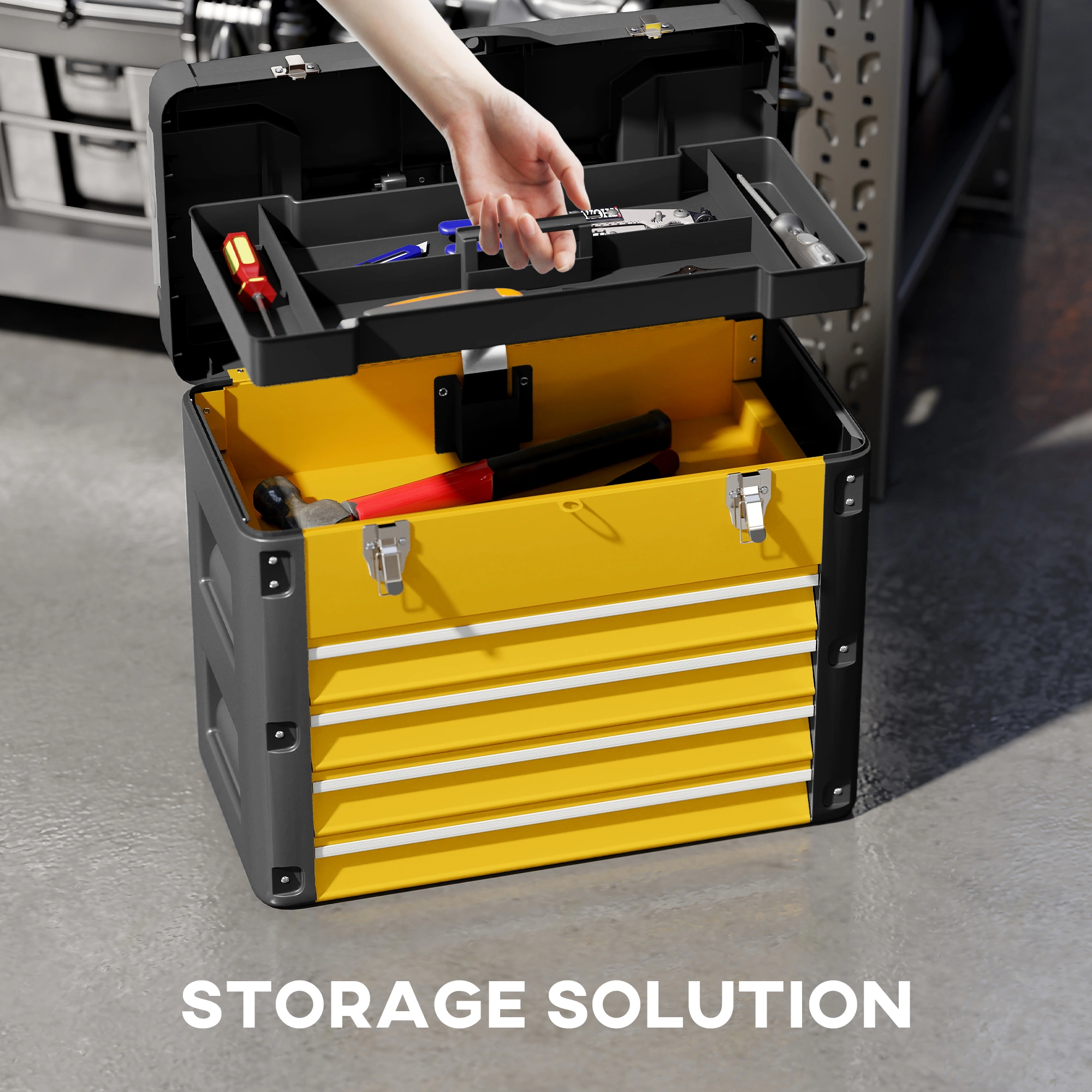 Heavy Duty Steel Tool Box, Large Capacity Storage Chest with Lockable Lid, Organized Multi-Compartment Portable Work Box for Garage & Workshop view 3