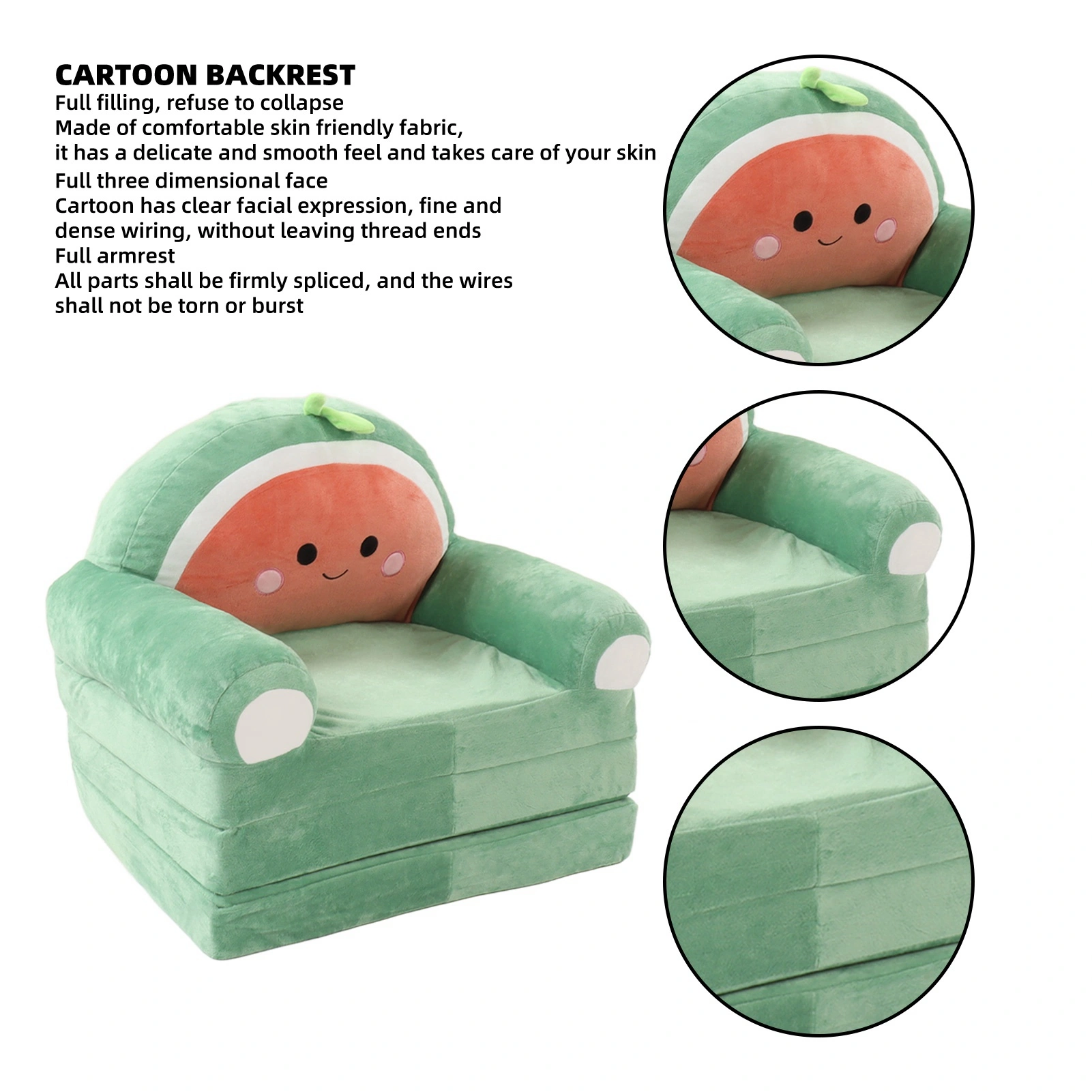 Cute Cartoon Foldable Kids Sofa Bed, 2 in 1 Backrest Armchair Children Folding Couch with Armrests, Green Kids Sofa for Living Room Bedroom