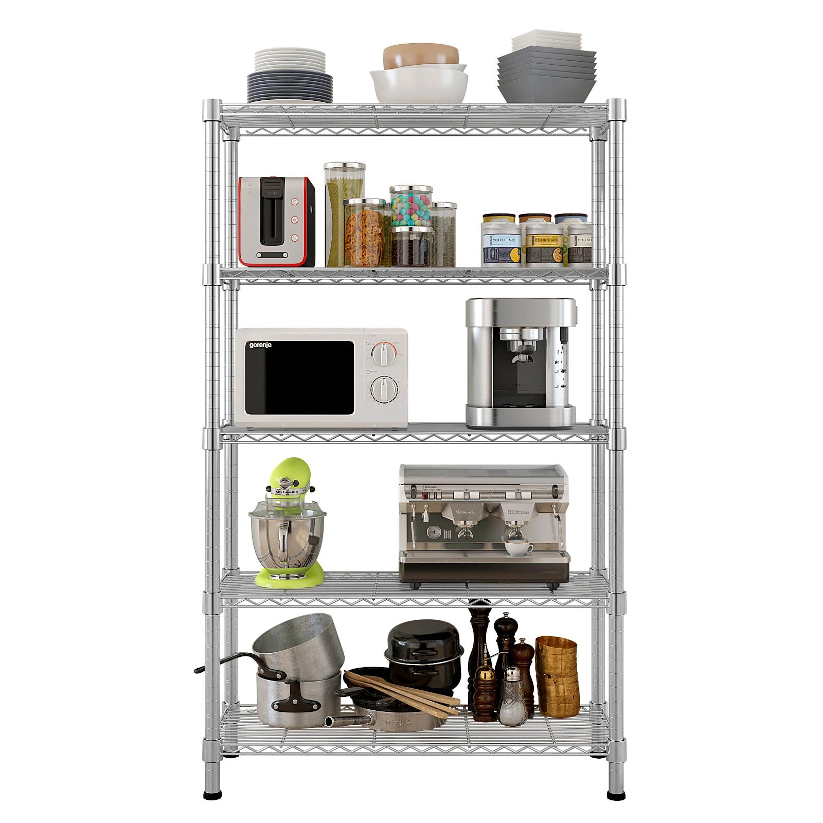 5-Tier Chrome Plated Steel Shelving Unit, Heavy Duty Wire Storage Rack 180x90x35cm, Adjustable Metal Shelf for Garage, Warehouse, Kitchen view 2