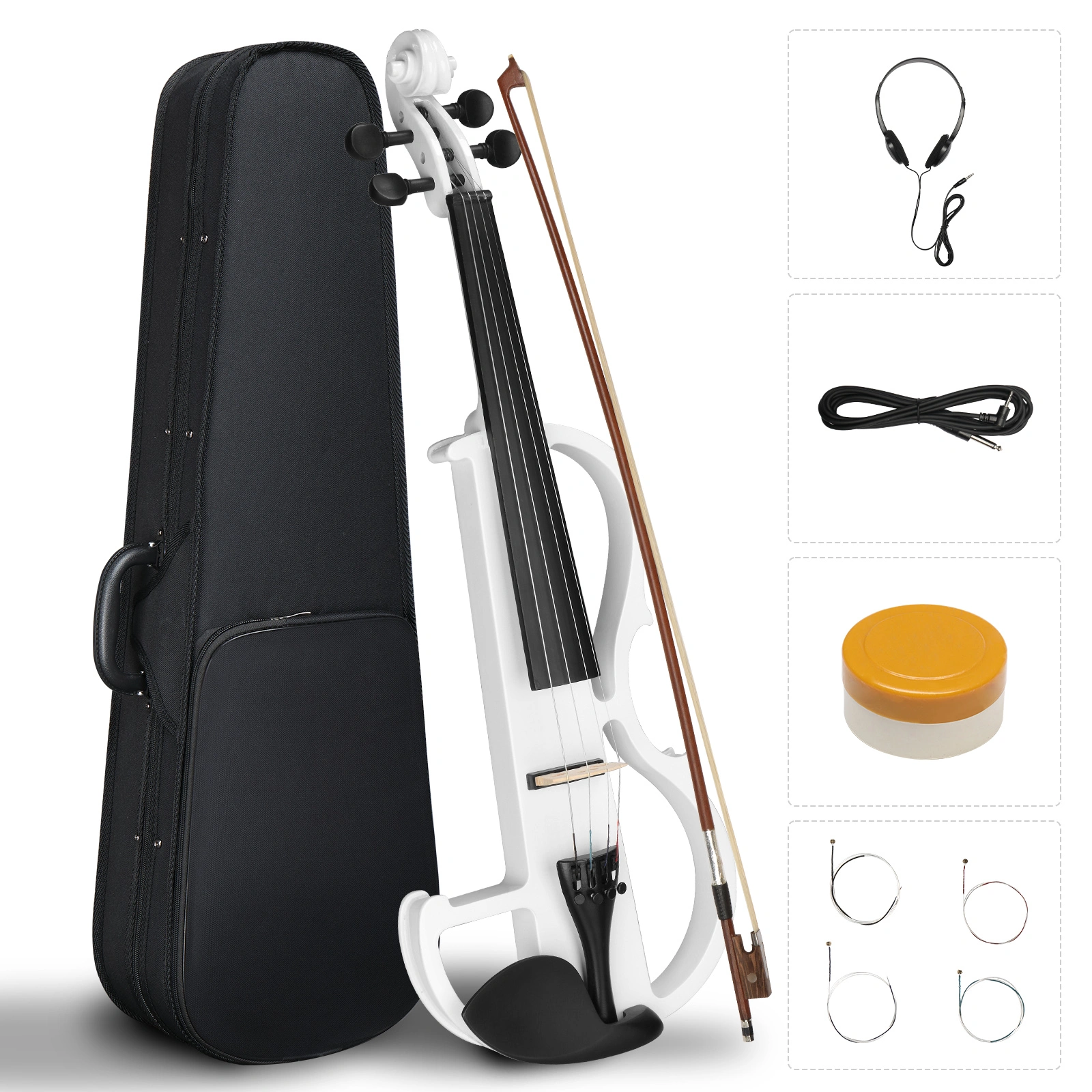Full Size 4/4 Bunnel Edge Electric Silent Violin with Case Bow Rosin Headphone Connecting Line White