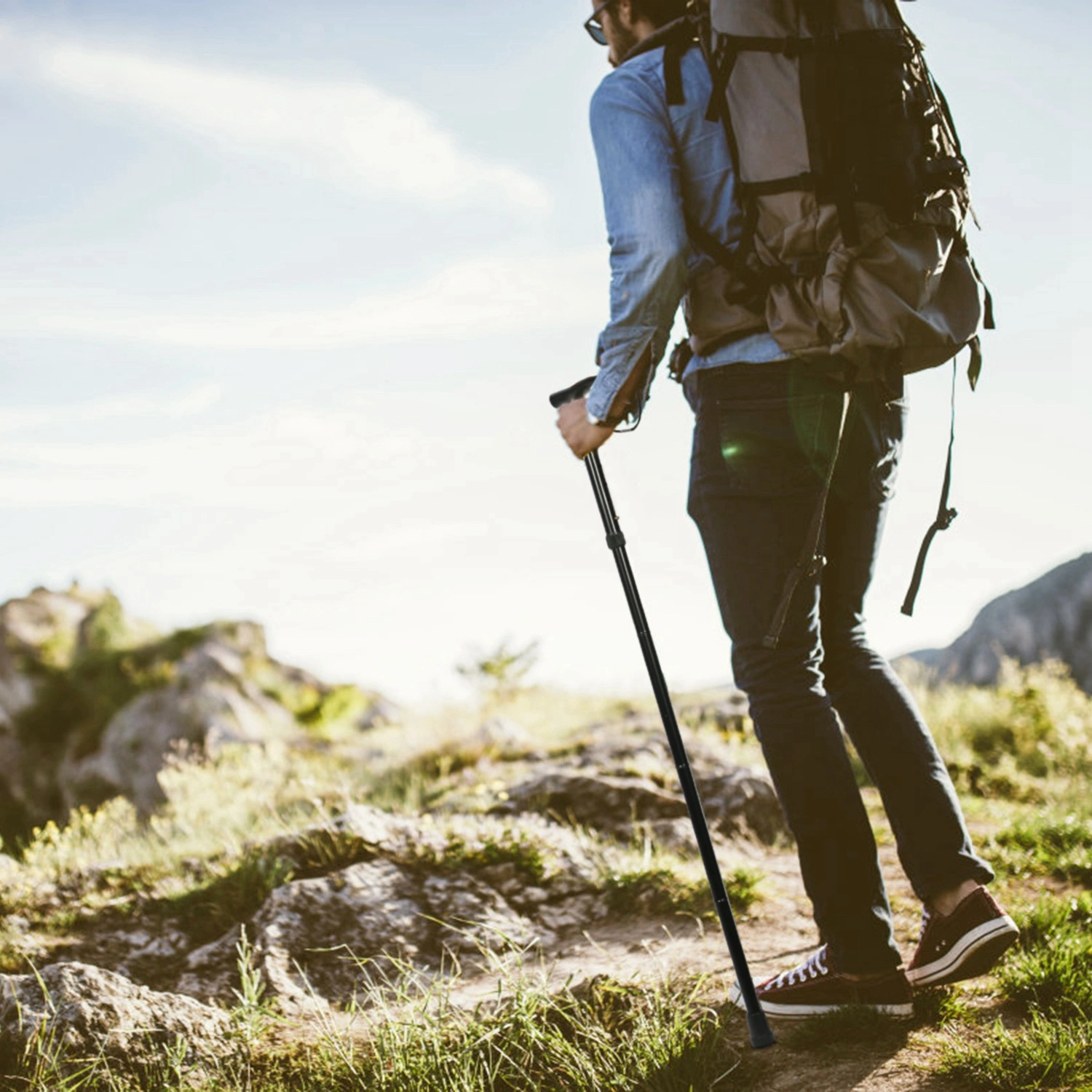 Travel Folding Hiking Pole, Collapsible Trekking Walking Stick, Adjustable Portable Cane Mobility Aid for Men Women, Black view 6