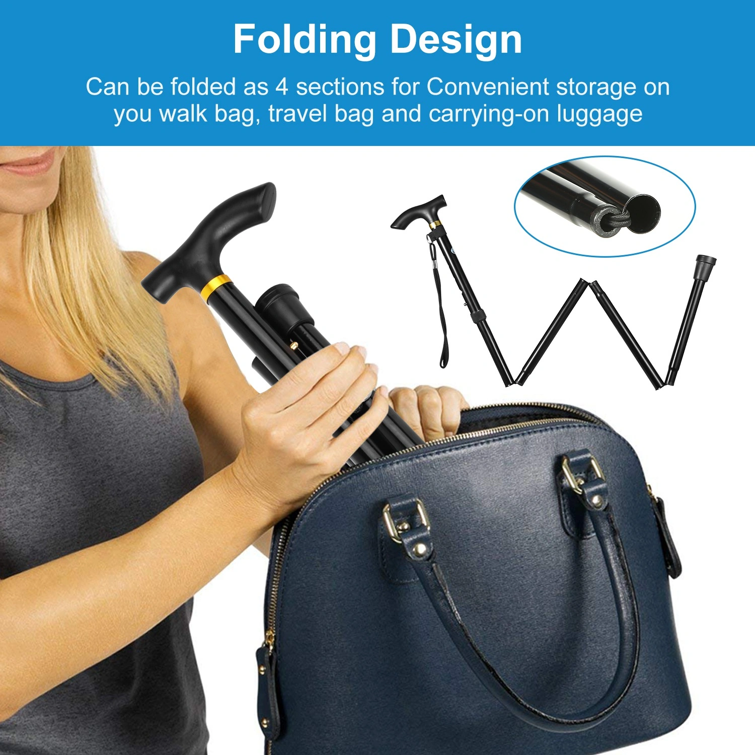 Travel Folding Hiking Pole, Collapsible Trekking Walking Stick, Adjustable Portable Cane Mobility Aid for Men Women, Black view 7