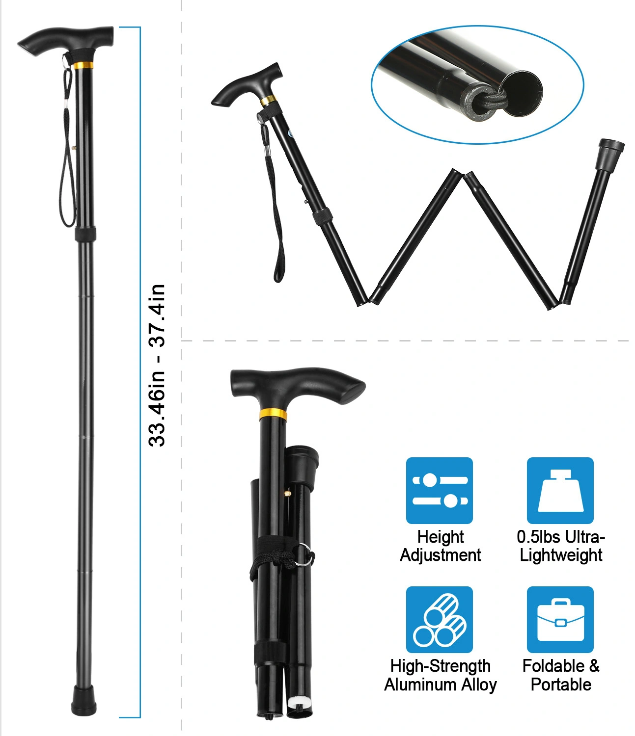 Travel Folding Hiking Pole, Collapsible Trekking Walking Stick, Adjustable Portable Cane Mobility Aid for Men Women, Black view 8