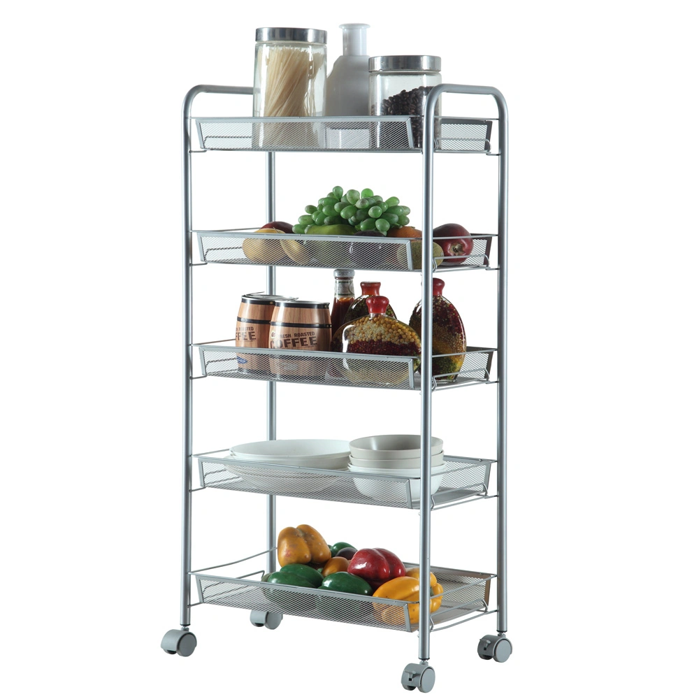 Silver 5-Tier Honeycomb Mesh Removable Storage Cart with Wheels