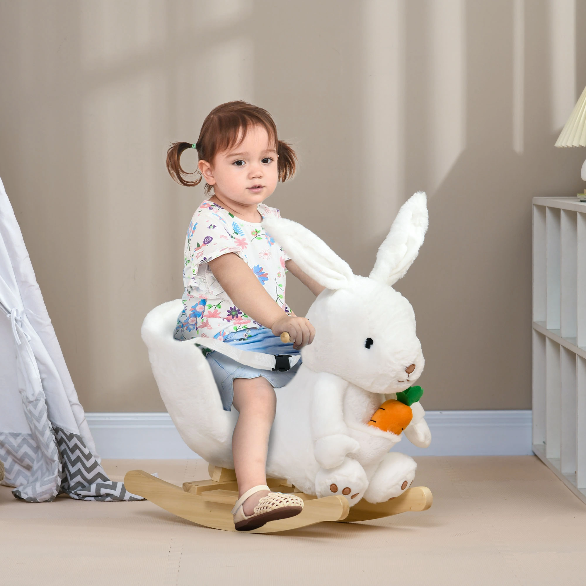 Kids Rocking Horse Wooden Ride-On Toy with Music, Soft Cushion Seat for Toddlers & Babies Indoor Outdoor Play Gift