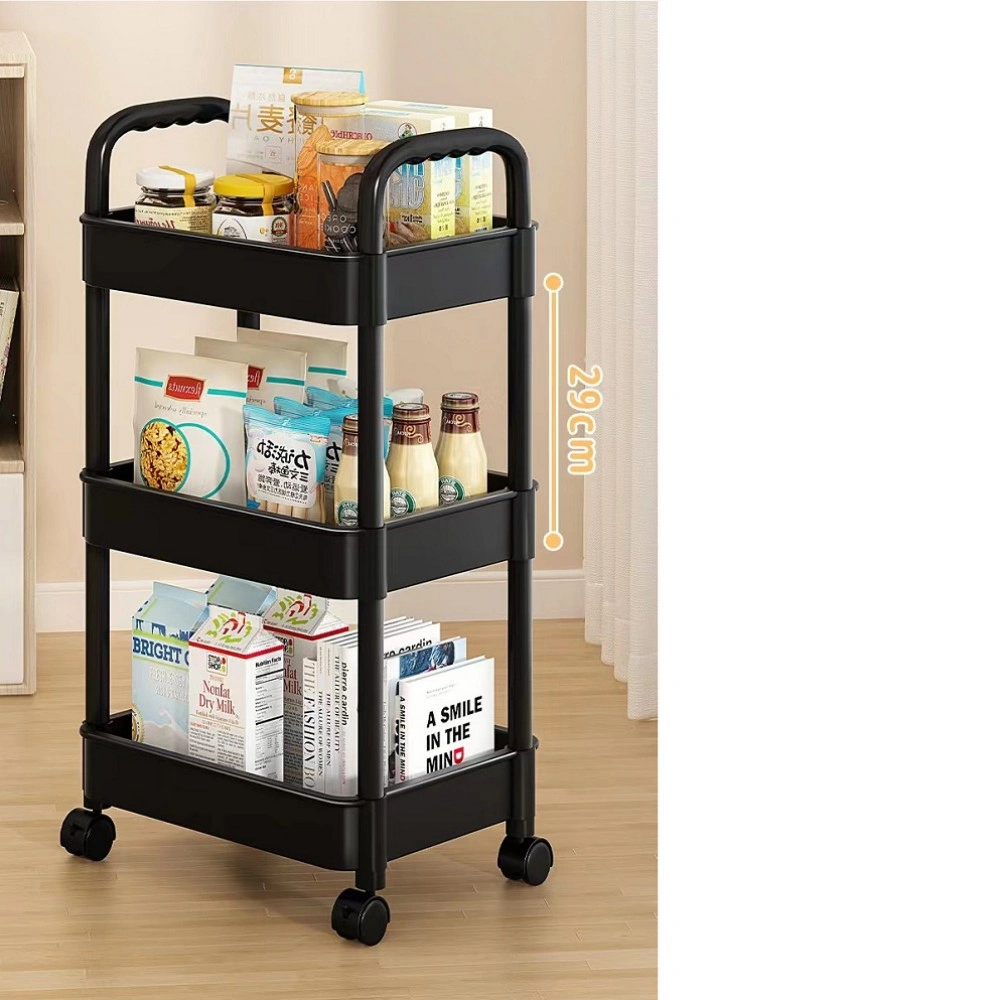3-Tier Rolling Cart Storage Shelf - Black Mobile Utility Cart for Kitchen, Bathroom & Laundry Organization
