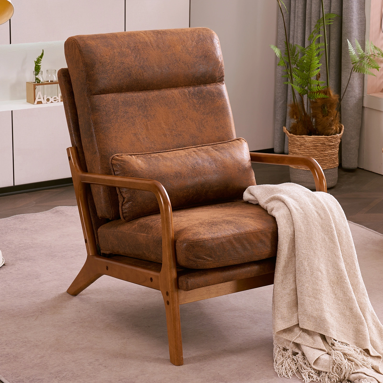 High Back Solid Wood Armrest Backrest Iron Frame Bronzing Cloth Indoor Leisure Chair Orange view 17