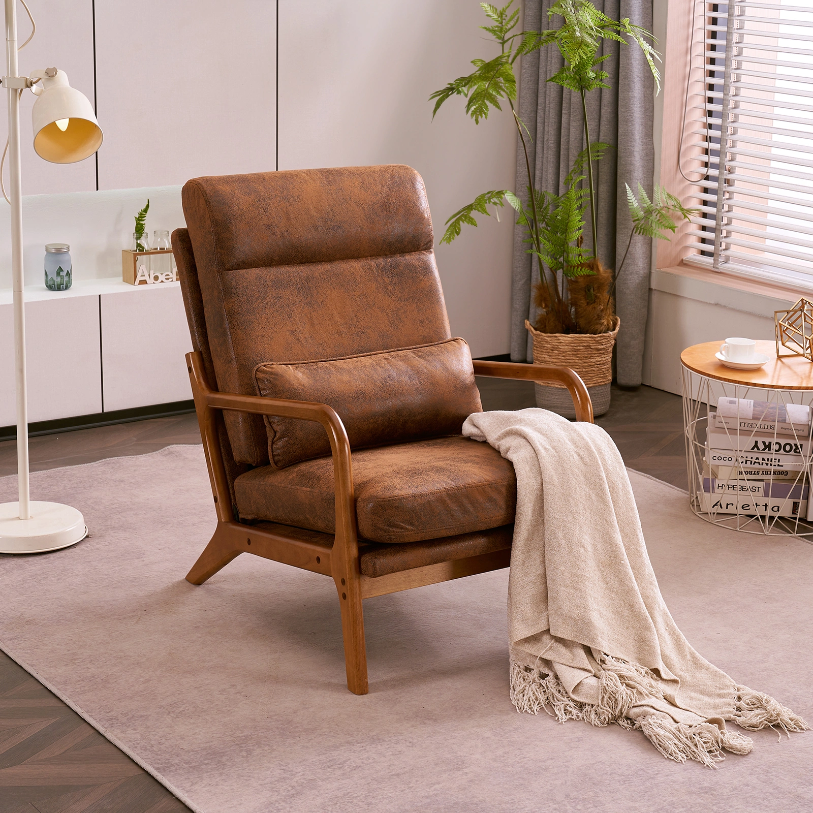 High Back Solid Wood Armrest Backrest Iron Frame Bronzing Cloth Indoor Leisure Chair Orange view 19