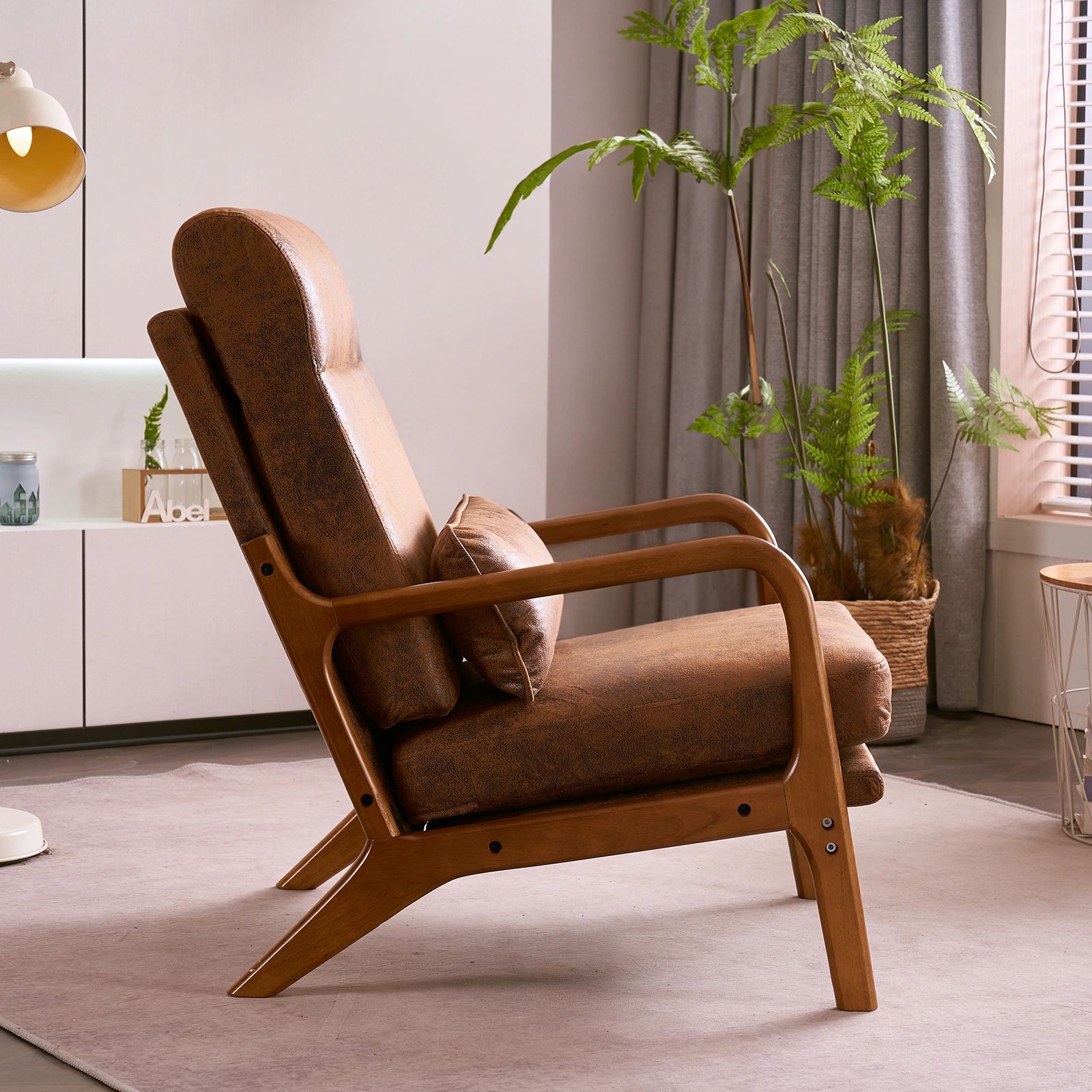 High Back Solid Wood Armrest Backrest Iron Frame Bronzing Cloth Indoor Leisure Chair Orange view 22