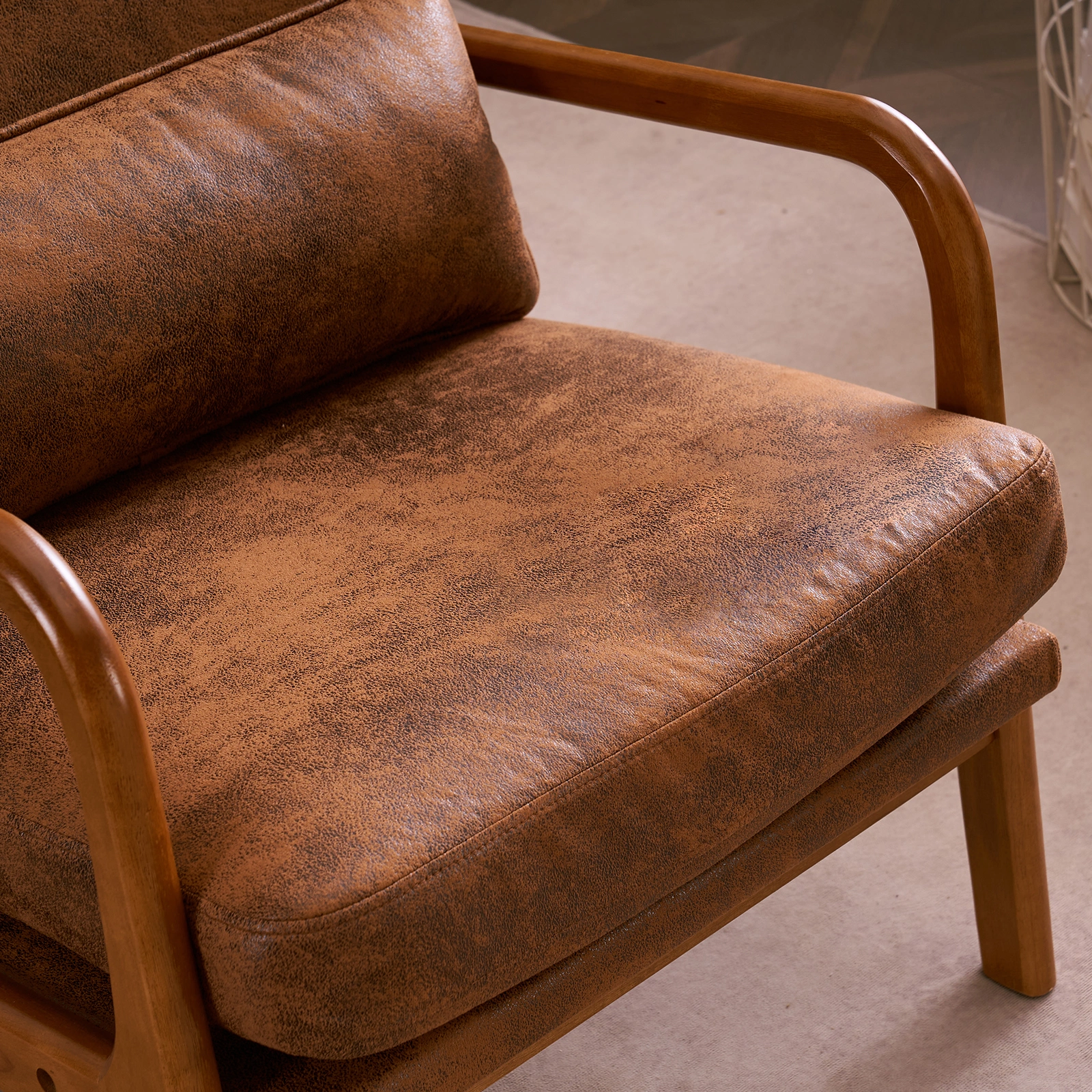 High Back Solid Wood Armrest Backrest Iron Frame Bronzing Cloth Indoor Leisure Chair Orange view 36