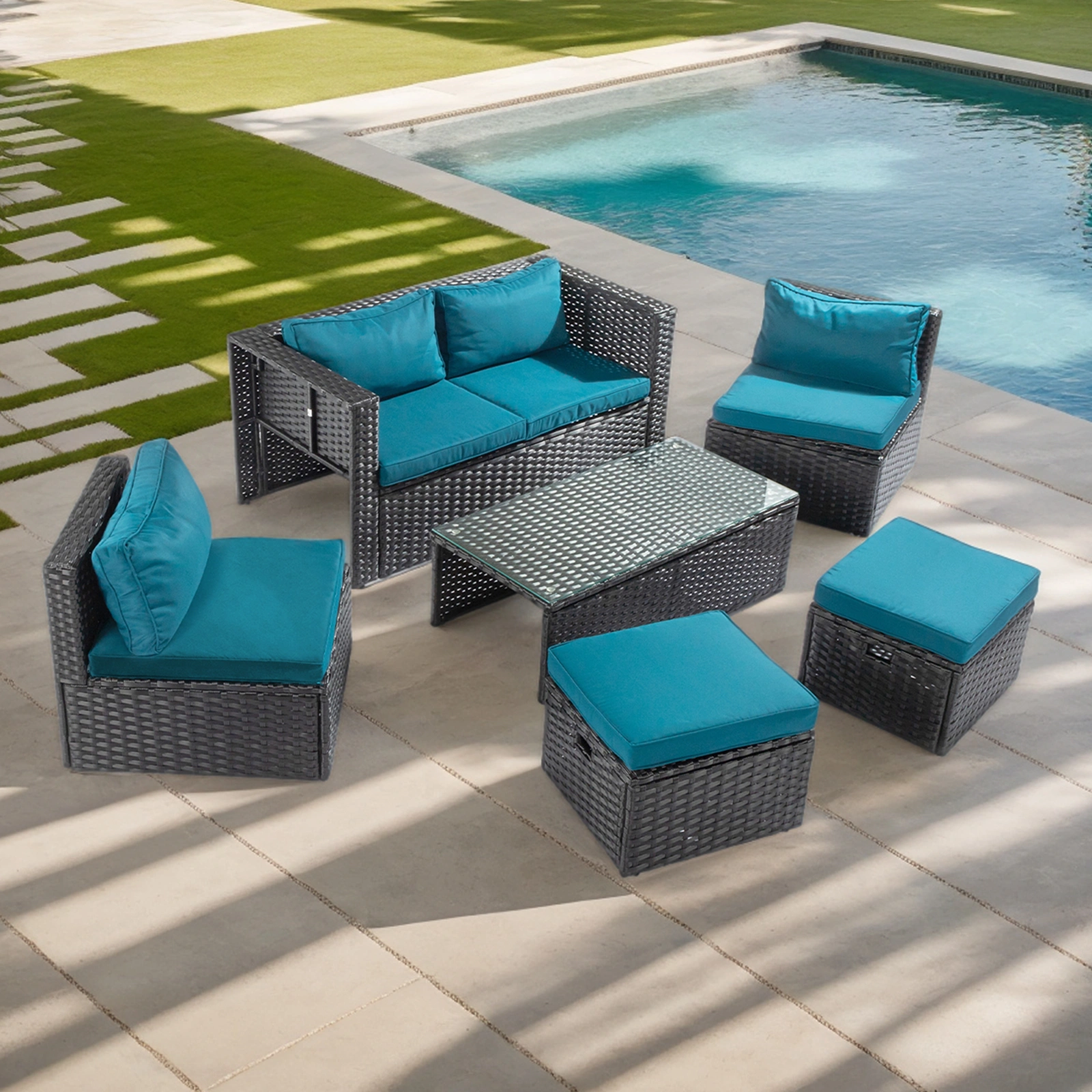 2pcs armless sofa + 2pcs footstool + 1pcs double sofa + 1pcs coffee table with storage black rattan and peacock green cushions, rattan multi-piece set view 9