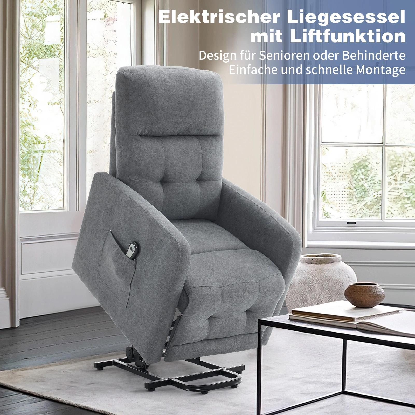 1 Piece Dark Gray Fabric Electric Lift Recliner Chair 120KG Weight Capacity Indoor Functional Rise Chair for Elderly Home Living Room