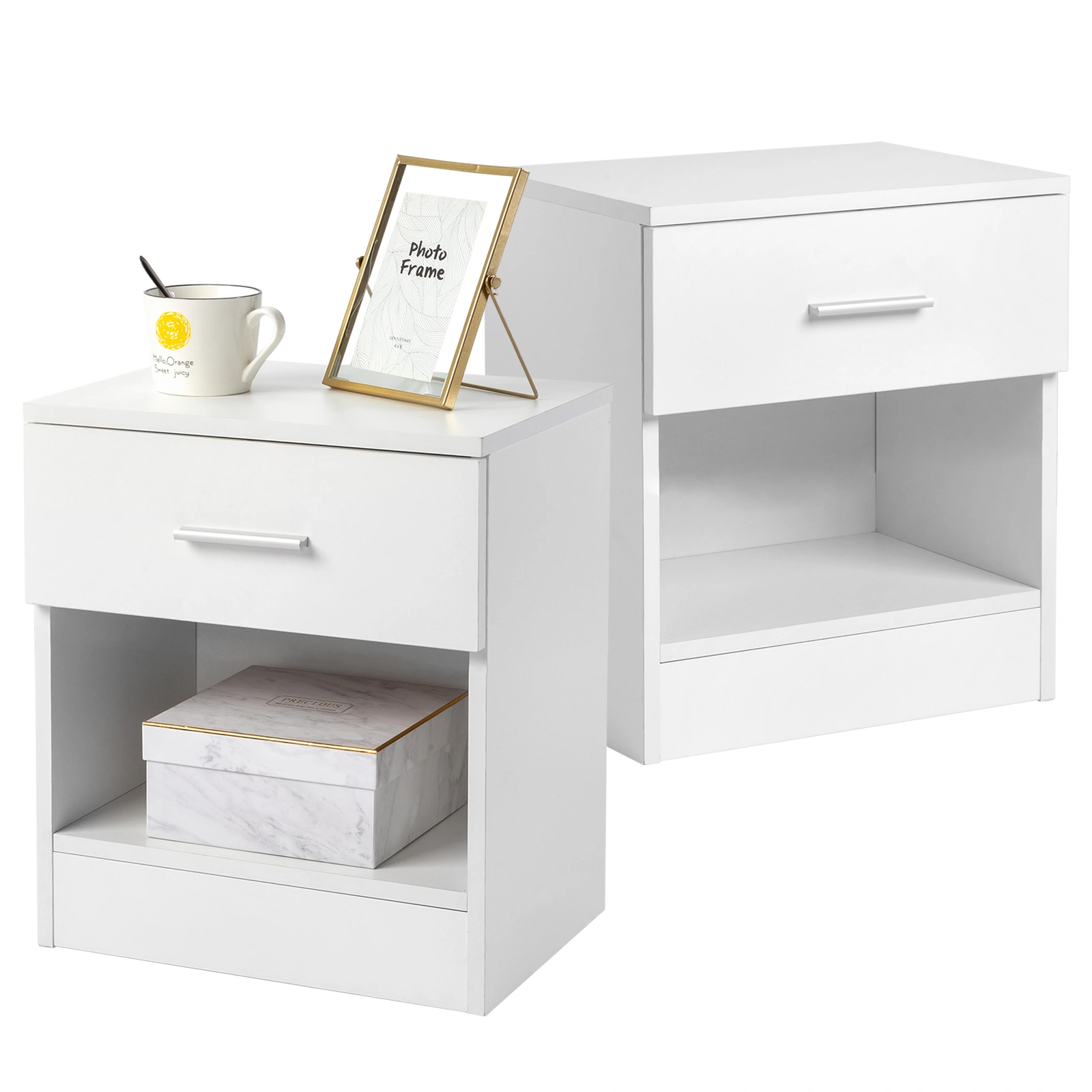 2-Piece Storage Cabinet Set with 1 Drawer, 12mm Melamine Particleboard Mini Bedside Table, White, 15.35x11.02x16.14in view 4