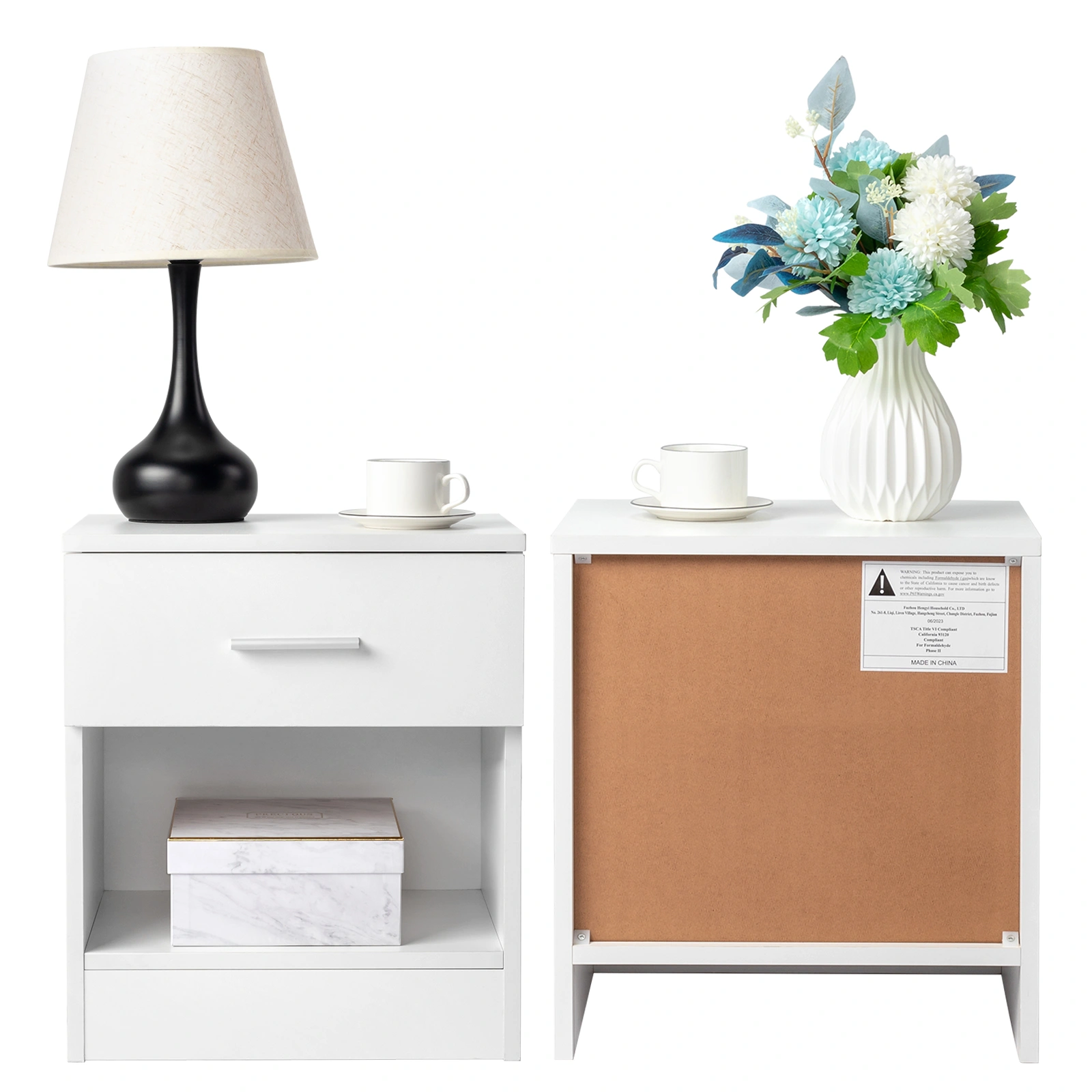 2-Piece Storage Cabinet Set with 1 Drawer, 12mm Melamine Particleboard Mini Bedside Table, White, 15.35x11.02x16.14in view 5