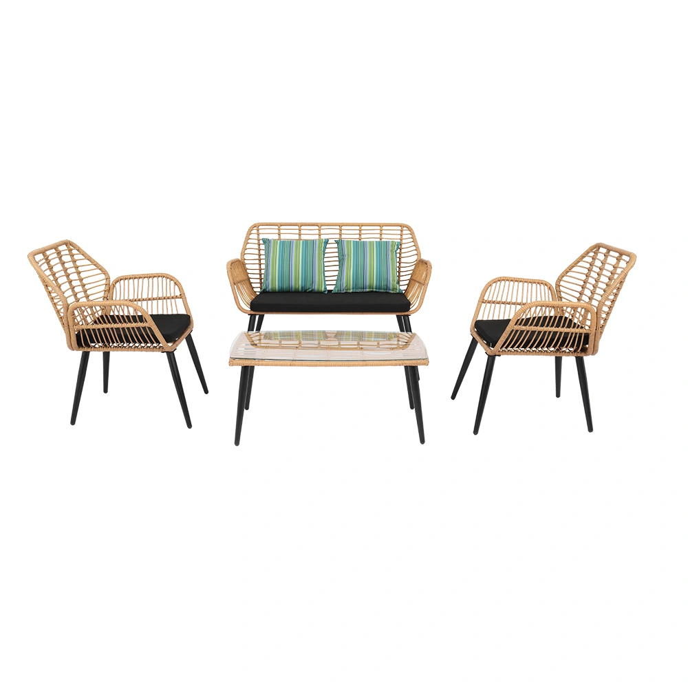 Yellow 4-Piece Outdoor PE Wicker Rattan Patio Furniture Set with Steel Frame