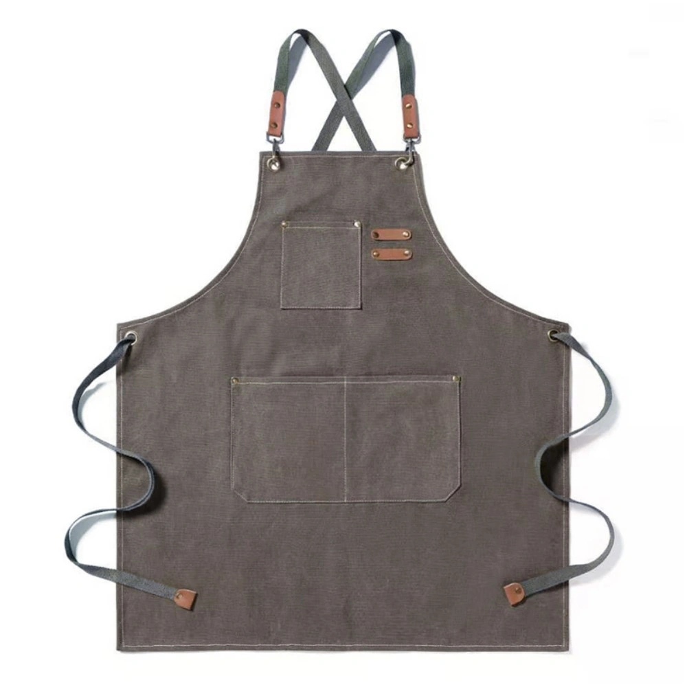 Chef Apron Denim Canvas with Pocket, Gray Adjustable Neck Waiststraps for Kitchen Cooking BBQ Baking Butcher Crafts view 3