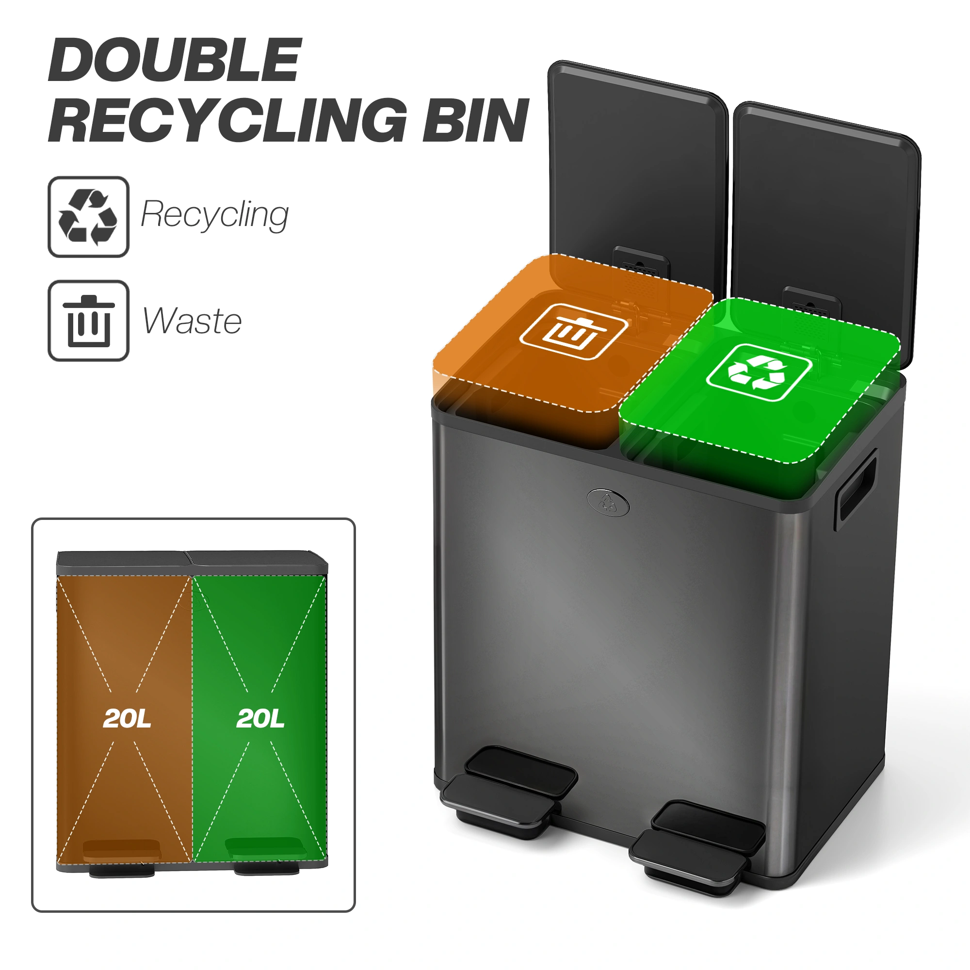 Kitchen Bin with Lid, 30L Large Capacity Waste Can, Foot Pedal Trash Bin, Black Stainless Steel