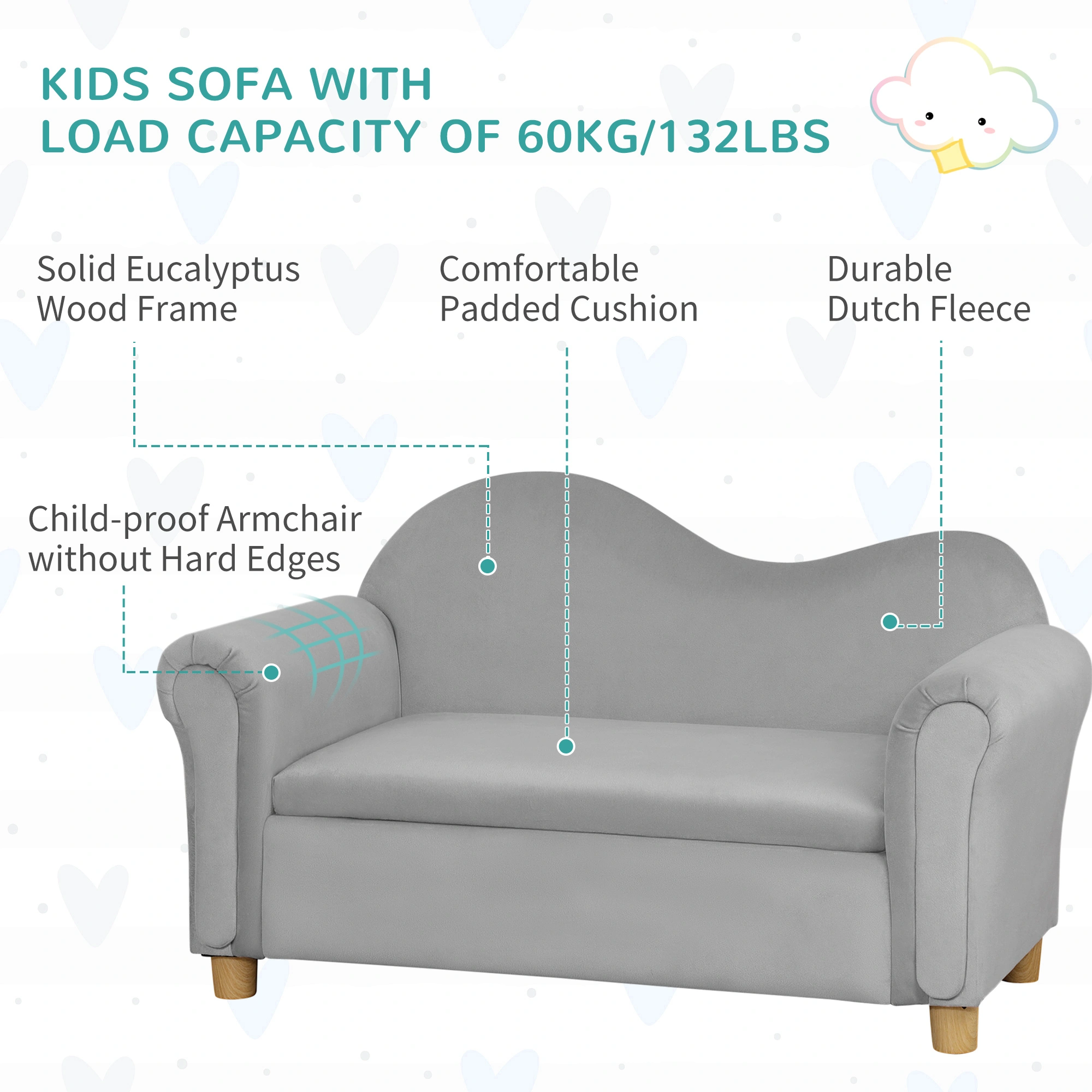 Kids Sofa Couch for Toddlers & Kids, Soft Foam Upholstered Low Back Seat with Cute Design for Living Room view 3