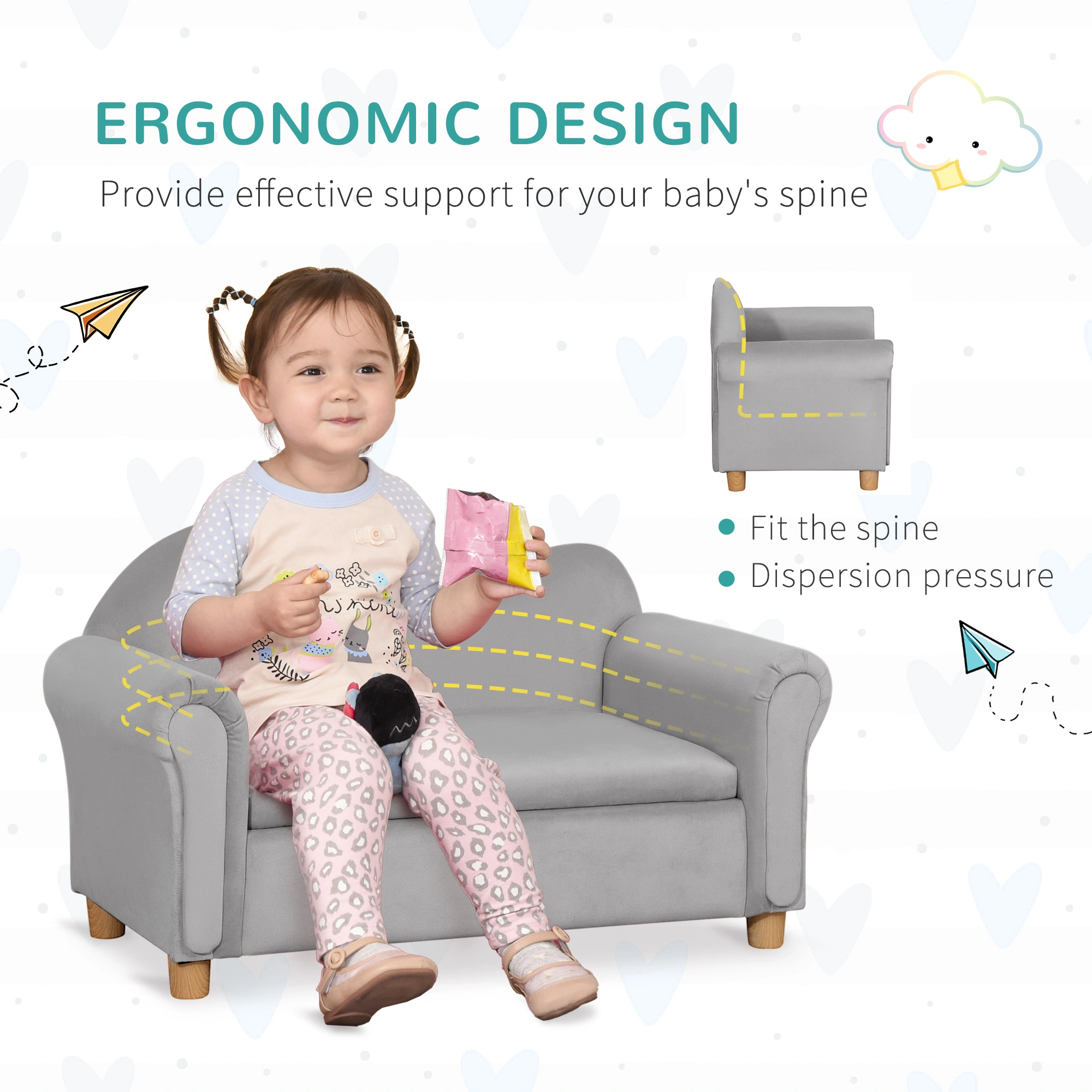 Kids Sofa Couch for Toddlers & Kids, Soft Foam Upholstered Low Back Seat with Cute Design for Living Room view 4