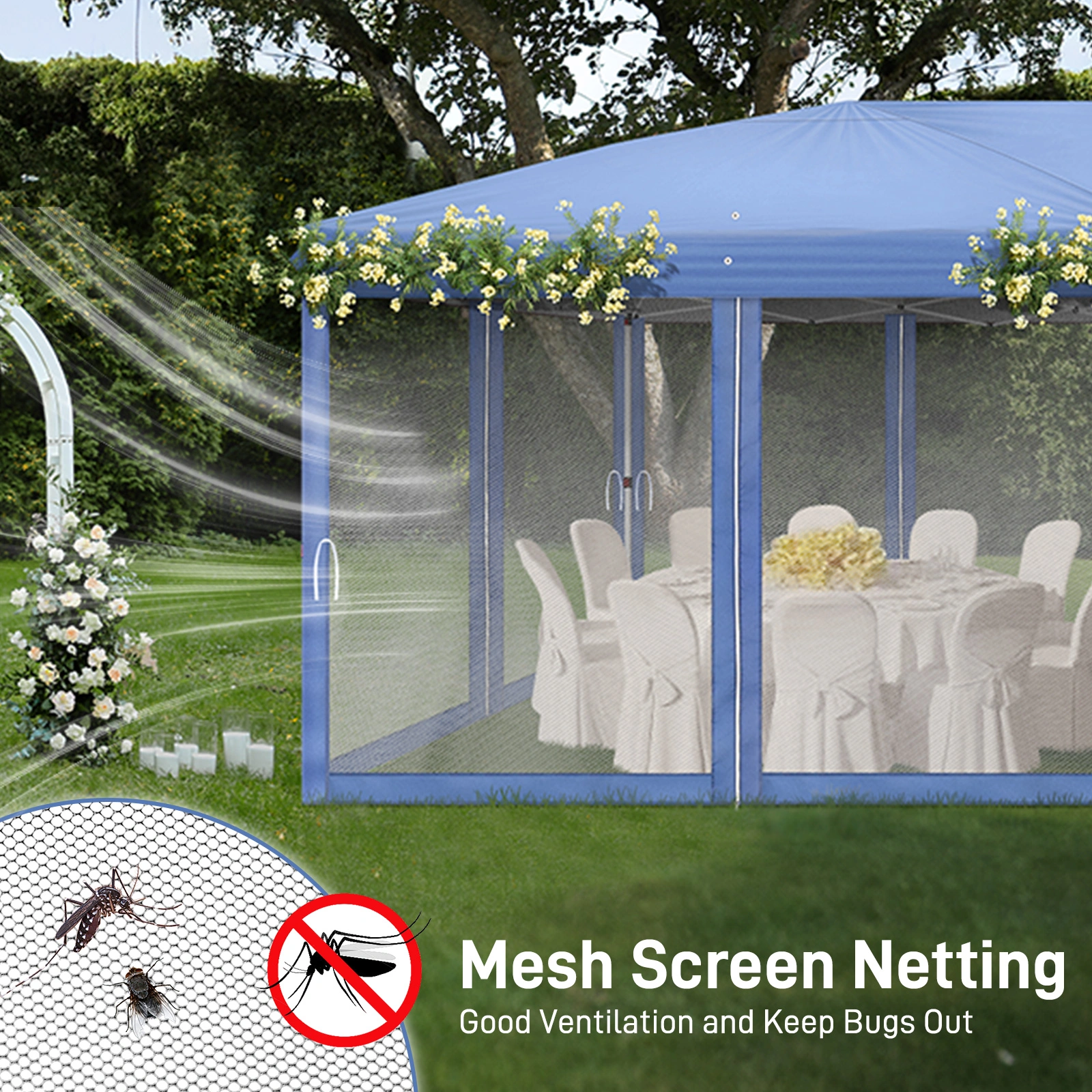 10x20 ft Blue Pop Up Canopy Tent, Instant Folding Shelter with 6 Mesh Panels, 2 Doors & 4 Mesh Windows, 28/22mm Powder Coated Iron Legs, 10x20mm Reinforced Crossbar, 210D Oxford Fabric Outdoor Foldable Canopy with Carry Bag, Without Sandbags view 11