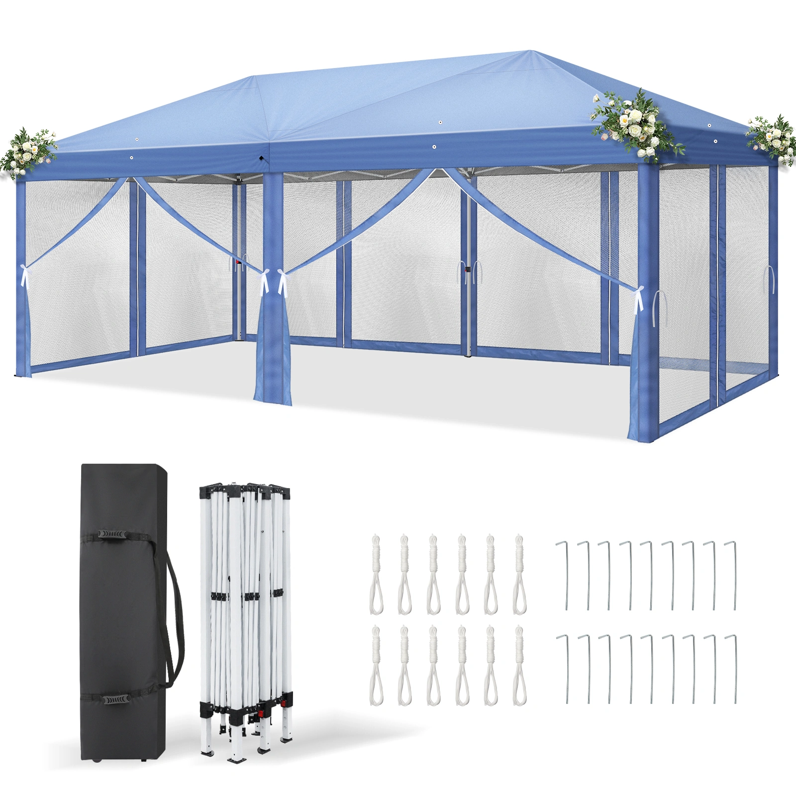 10x20 ft Blue Pop Up Canopy Tent, Instant Folding Shelter with 6 Mesh Panels, 2 Doors & 4 Mesh Windows, 28/22mm Powder Coated Iron Legs, 10x20mm Reinforced Crossbar, 210D Oxford Fabric Outdoor Foldable Canopy with Carry Bag, Without Sandbags view 2