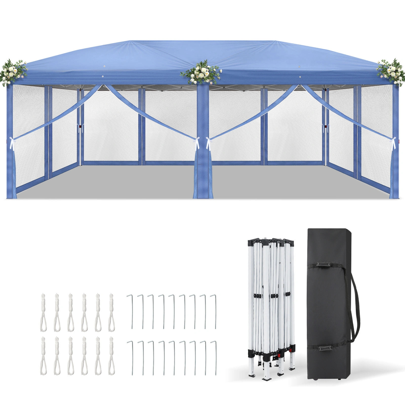 10x20 ft Blue Pop Up Canopy Tent, Instant Folding Shelter with 6 Mesh Panels, 2 Doors & 4 Mesh Windows, 28/22mm Powder Coated Iron Legs, 10x20mm Reinforced Crossbar, 210D Oxford Fabric Outdoor Foldable Canopy with Carry Bag, Without Sandbags view 3