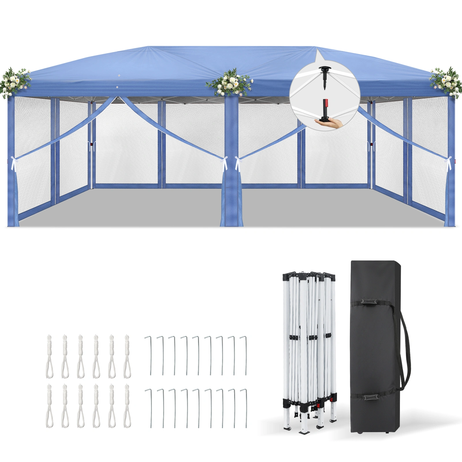 10x20 ft Blue Pop Up Canopy Tent, Instant Folding Shelter with 6 Mesh Panels, 2 Doors & 4 Mesh Windows, 28/22mm Powder Coated Iron Legs, 10x20mm Reinforced Crossbar, 210D Oxford Fabric Outdoor Foldable Canopy with Carry Bag, Without Sandbags view 4