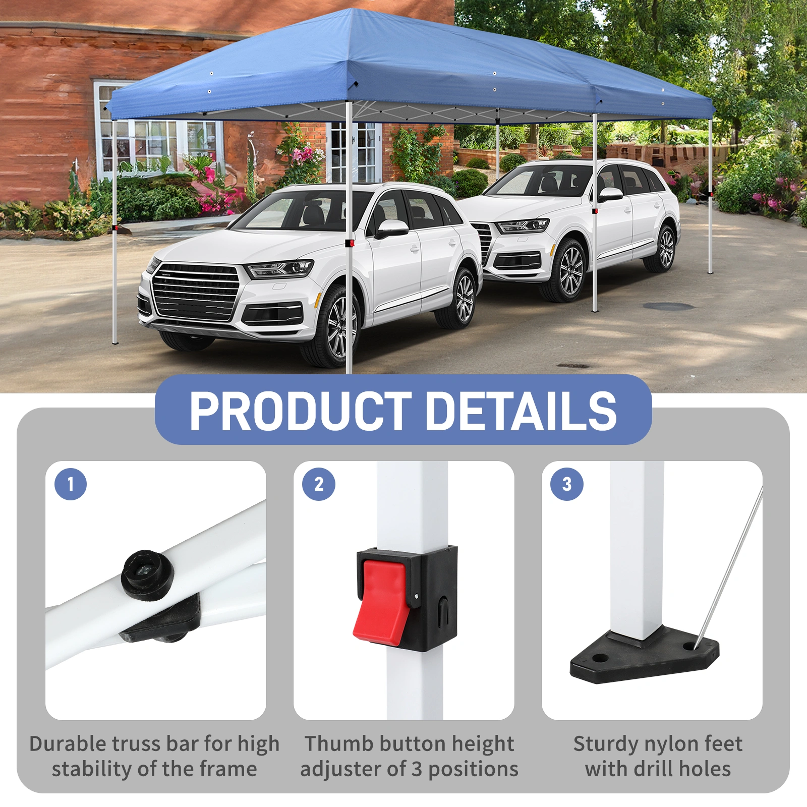 10x20 ft Blue Pop Up Canopy Tent, Instant Folding Shelter with 6 Mesh Panels, 2 Doors & 4 Mesh Windows, 28/22mm Powder Coated Iron Legs, 10x20mm Reinforced Crossbar, 210D Oxford Fabric Outdoor Foldable Canopy with Carry Bag, Without Sandbags view 6