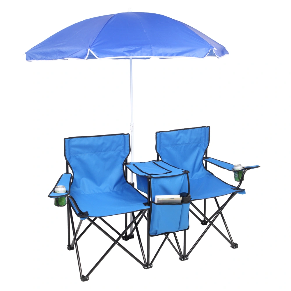 Portable Outdoor 2-Seat Folding Chair with Removable Sun Umbrella Blue view 11
