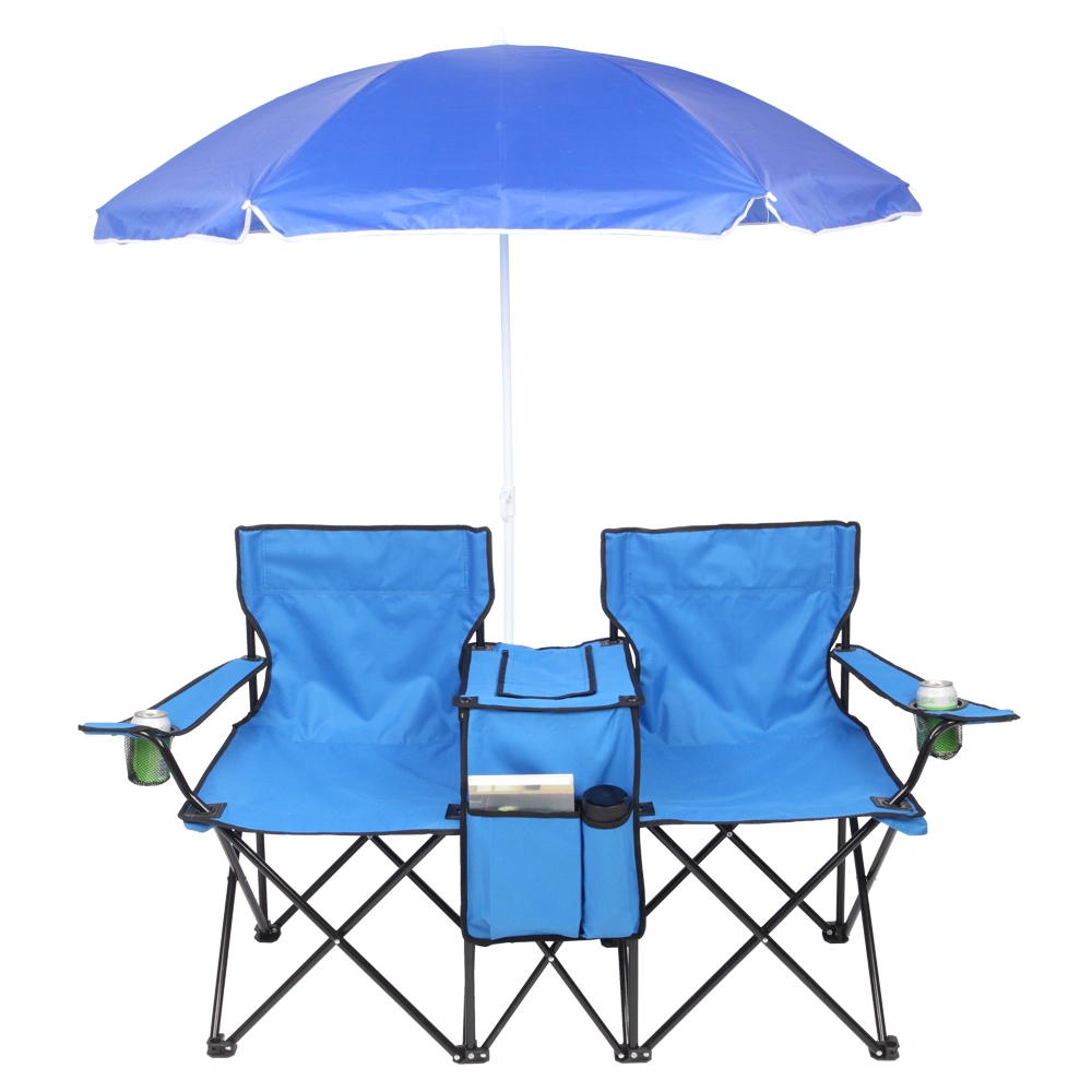 Portable Outdoor 2-Seat Folding Chair with Removable Sun Umbrella Blue view 4