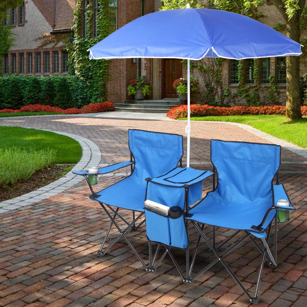 Portable Outdoor 2-Seat Folding Chair with Removable Sun Umbrella Blue view 47