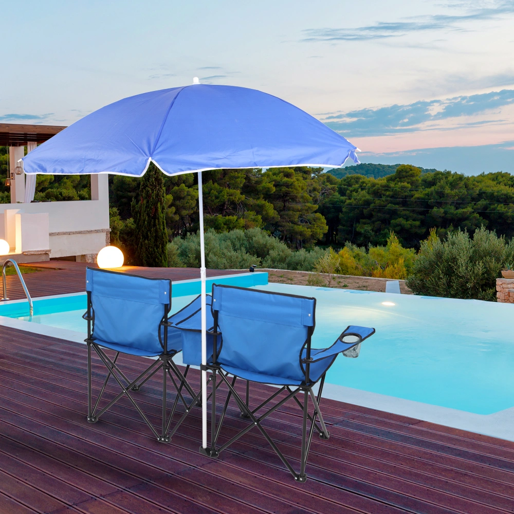 Portable Outdoor 2-Seat Folding Chair with Removable Sun Umbrella Blue view 48