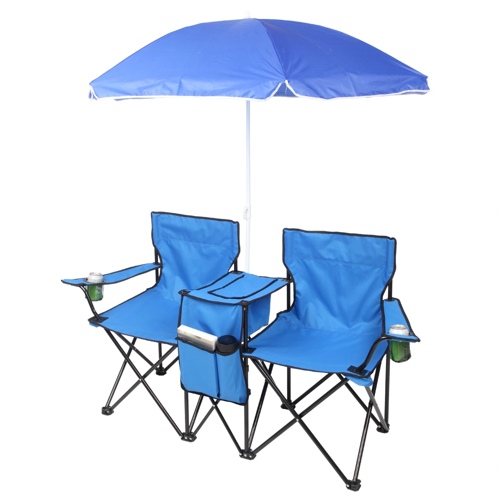 Portable Outdoor 2-Seat Folding Chair with Removable Sun Umbrella Blue view 7