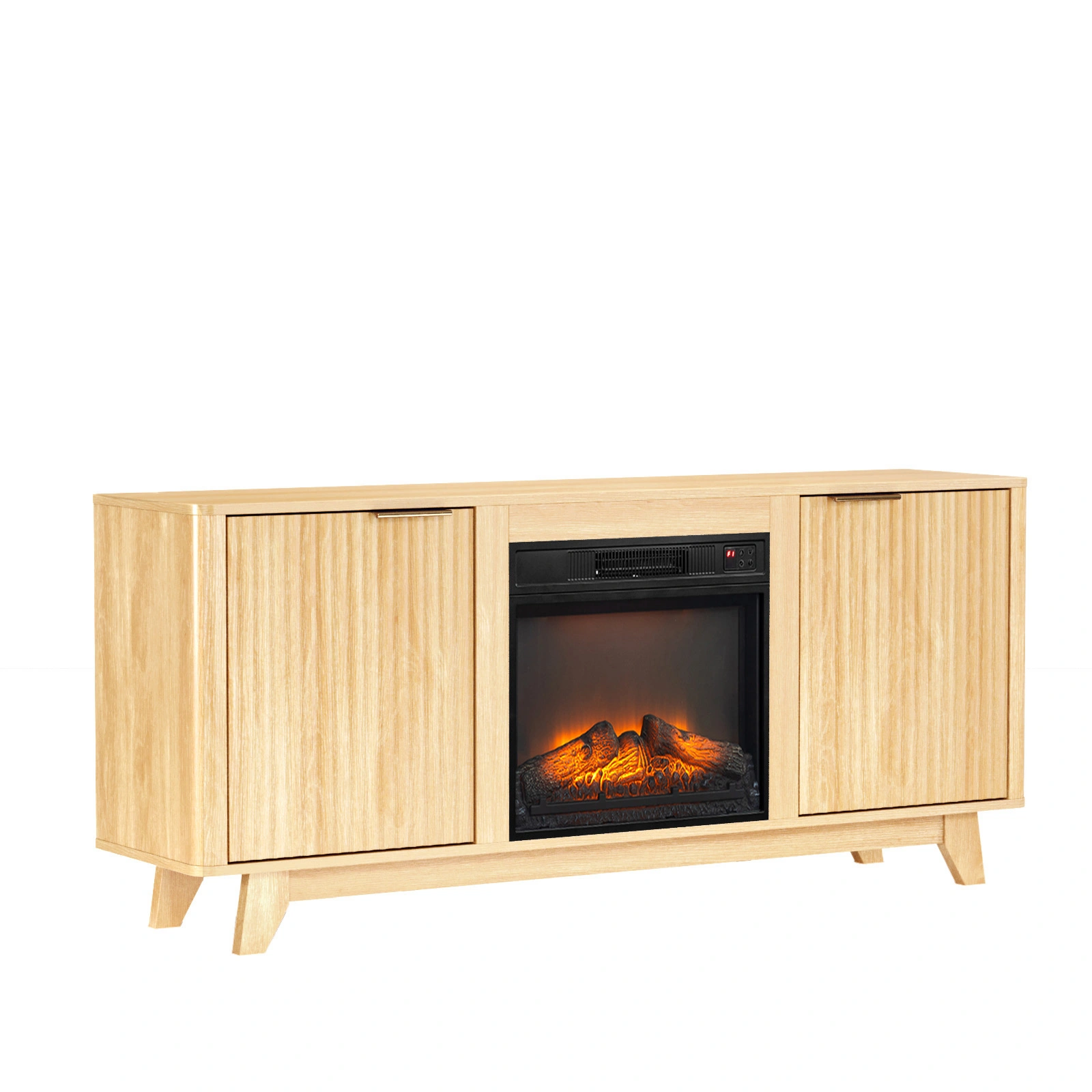 Oak Fireplace TV Stand with 18 Inch Insert, Double Grid Doors & Gold Handles, Embossed Board Media Console 58 x 13.6 x 25.4 Inch view 3