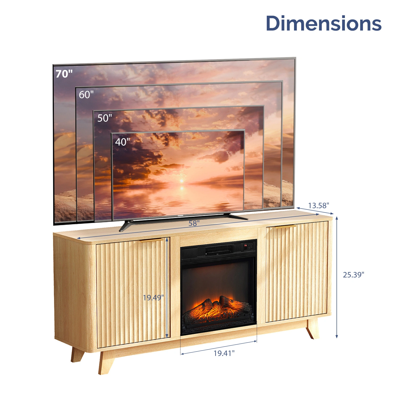 Oak Fireplace TV Stand with 18 Inch Insert, Double Grid Doors & Gold Handles, Embossed Board Media Console 58 x 13.6 x 25.4 Inch view 4