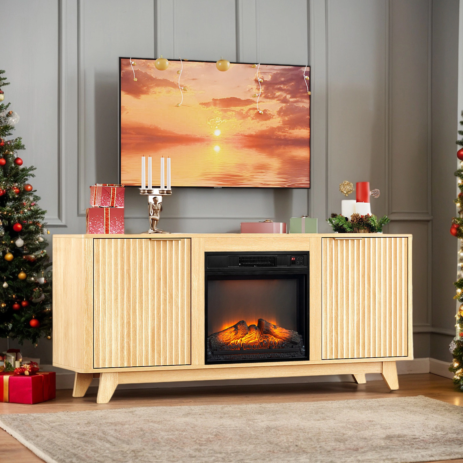 Oak Fireplace TV Stand with 18 Inch Insert, Double Grid Doors & Gold Handles, Embossed Board Media Console 58 x 13.6 x 25.4 Inch view 7