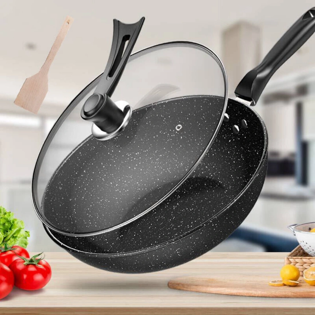 30CM Granite Non-Stick Frying Pan, Skillet Saute Pan with Tempered Glass Lid, Induction Compatible Cookware, 12-Inch