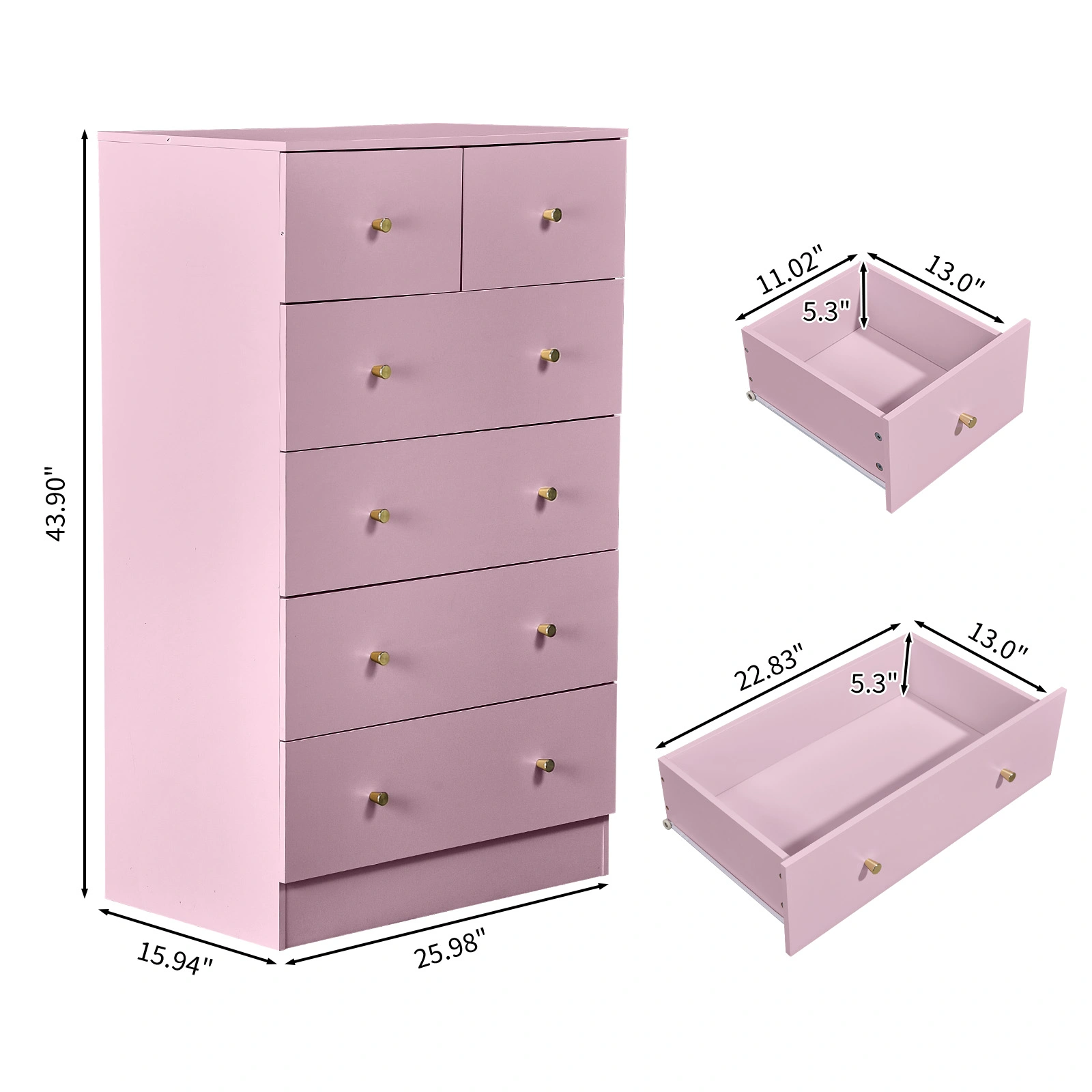 Macaron Powder 4+2 Drawer Cabinet 66x40x111cm, Textured Melamine Finish Particleboard Storage Unit with Matte Gold Handles view 5