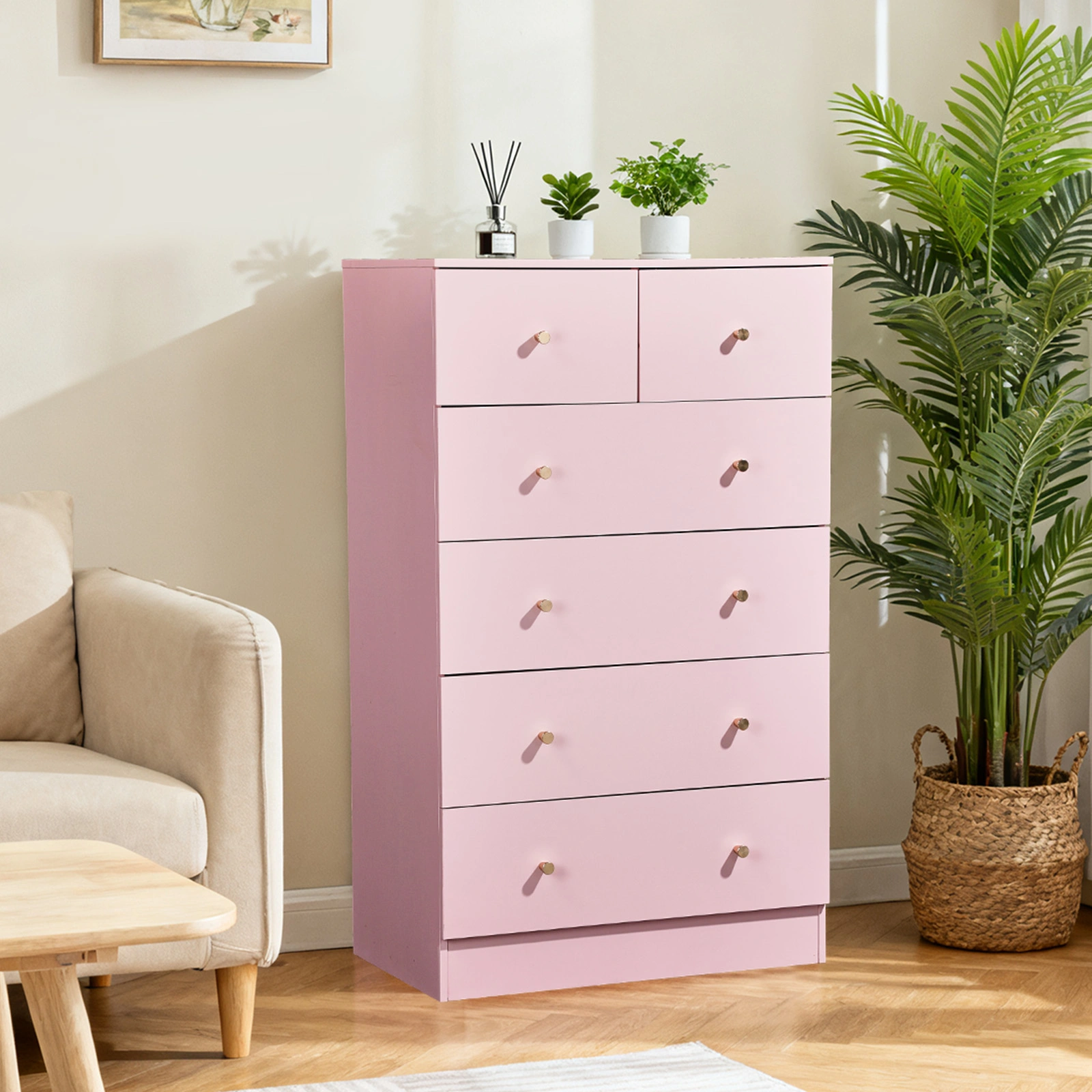 Macaron Powder 4+2 Drawer Cabinet 66x40x111cm, Textured Melamine Finish Particleboard Storage Unit with Matte Gold Handles view 7